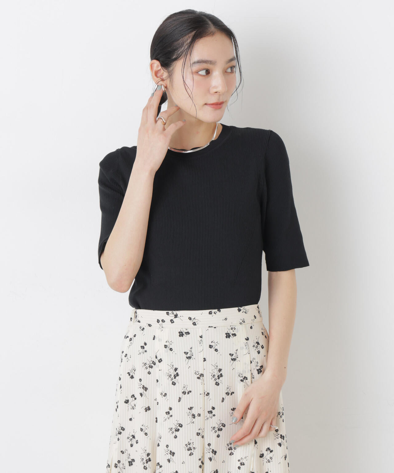 ウォッシャブルハイツイスト五分袖リブニット