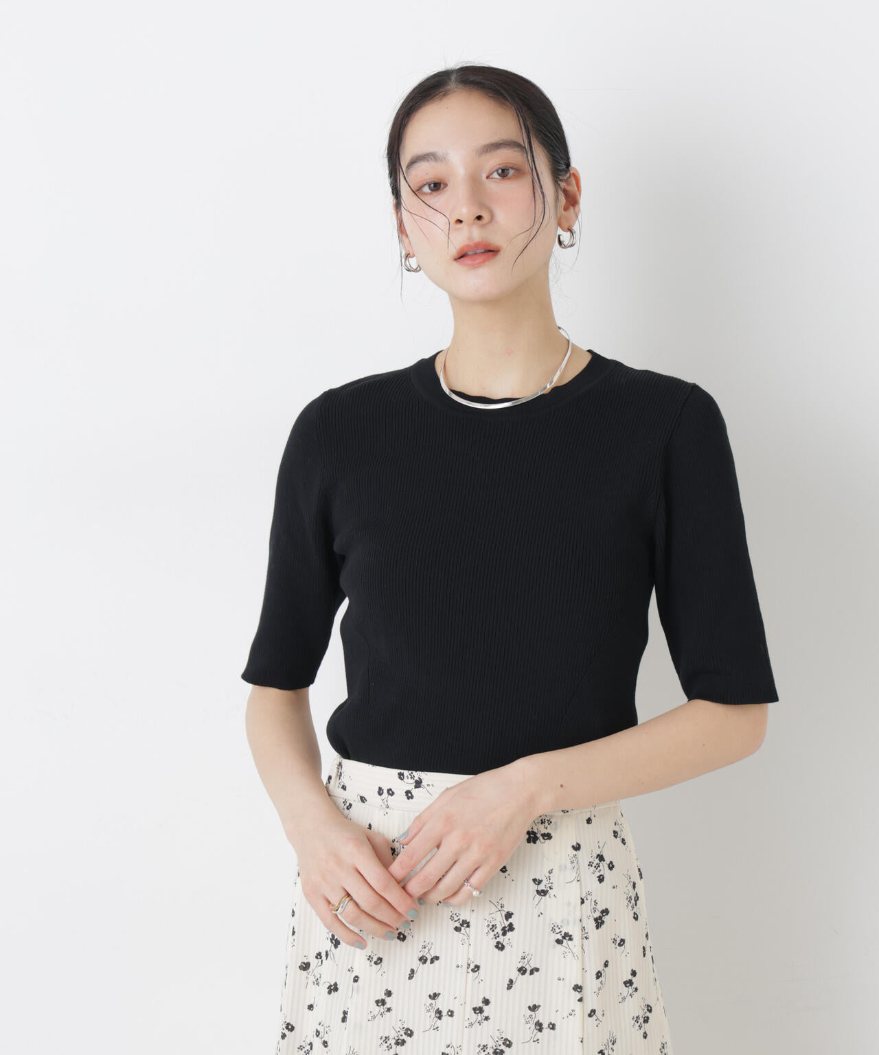 ウォッシャブルハイツイスト五分袖リブニット