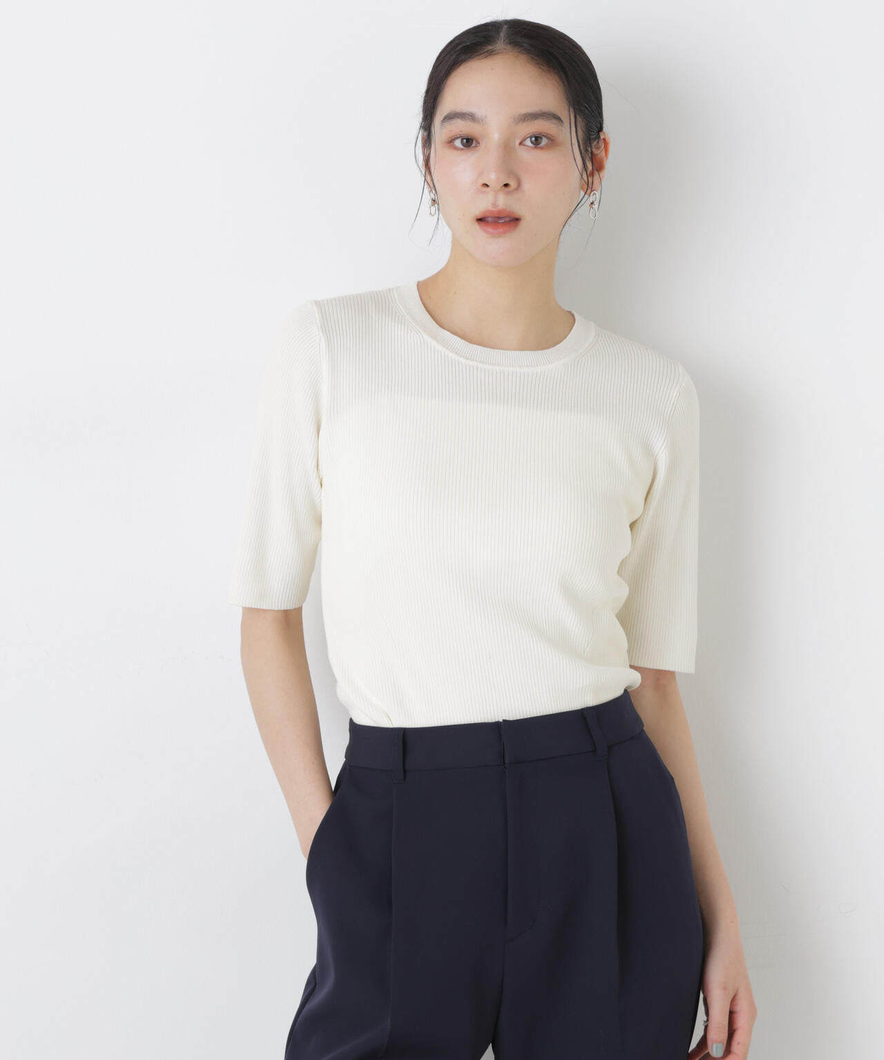 ウォッシャブルハイツイスト五分袖リブニット