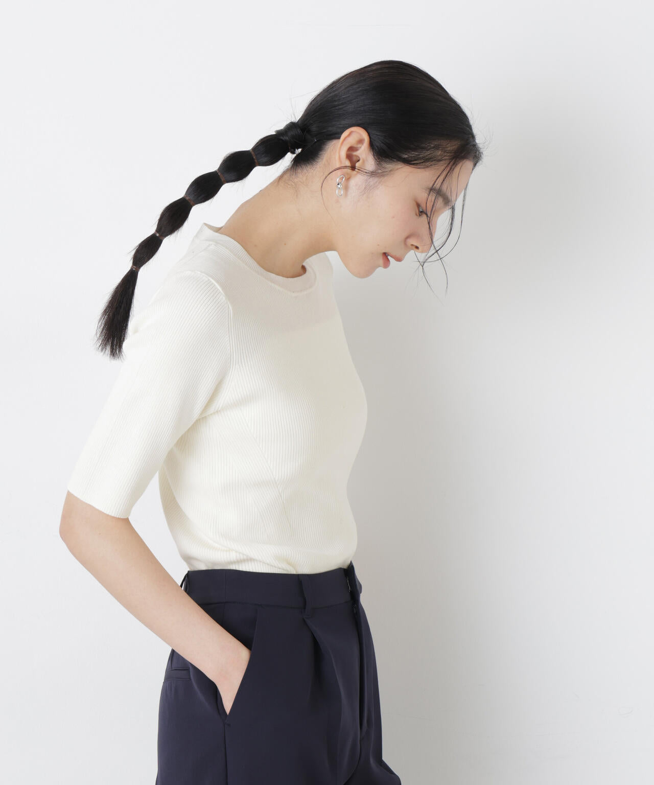 ウォッシャブルハイツイスト五分袖リブニット