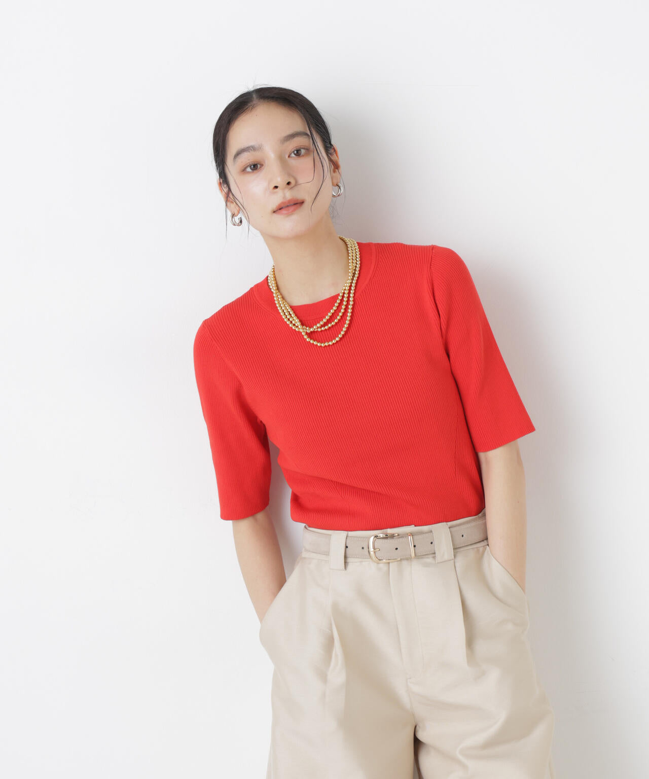 ウォッシャブルハイツイスト五分袖リブニット