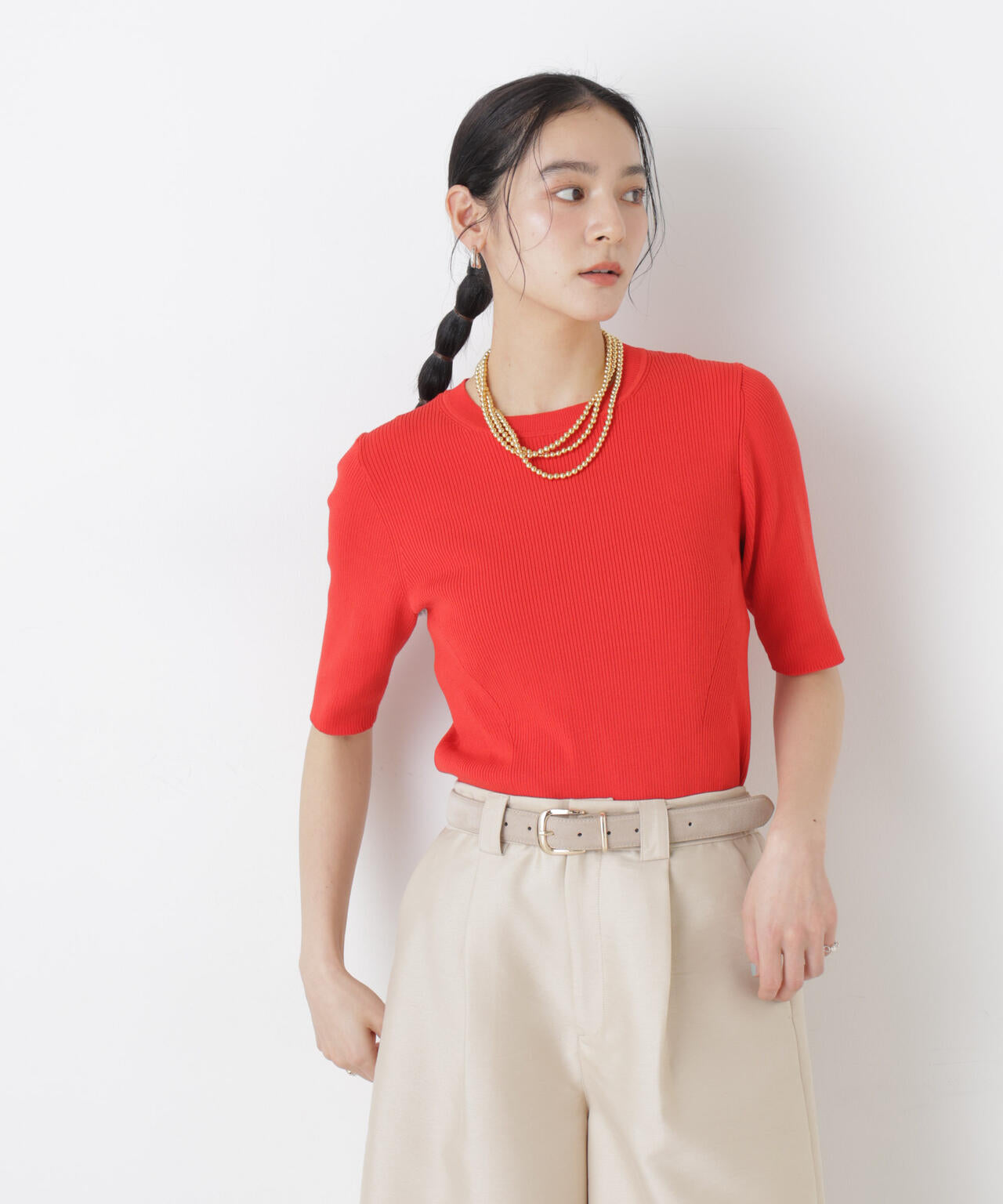 ウォッシャブルハイツイスト五分袖リブニット