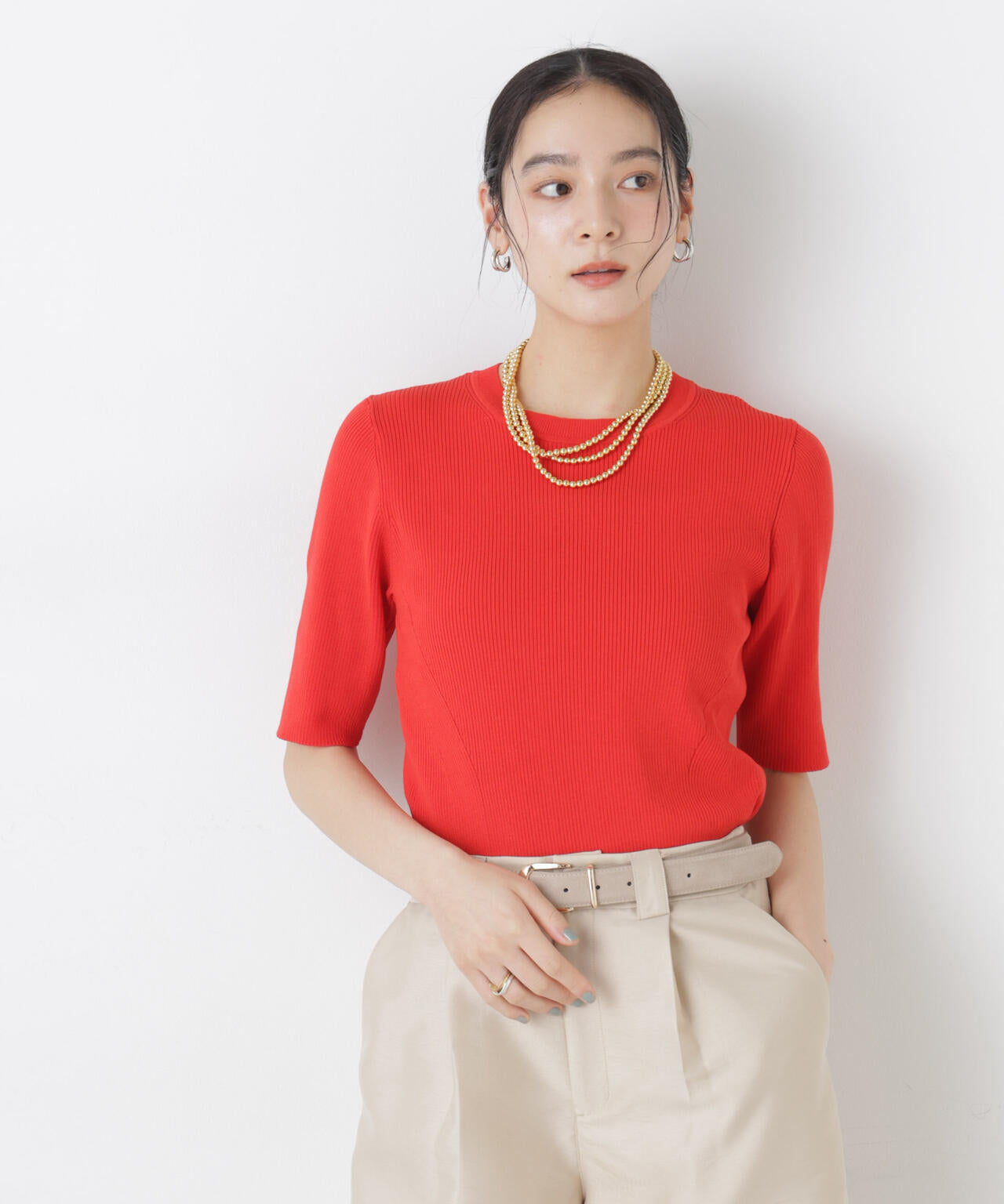 ウォッシャブルハイツイスト五分袖リブニット