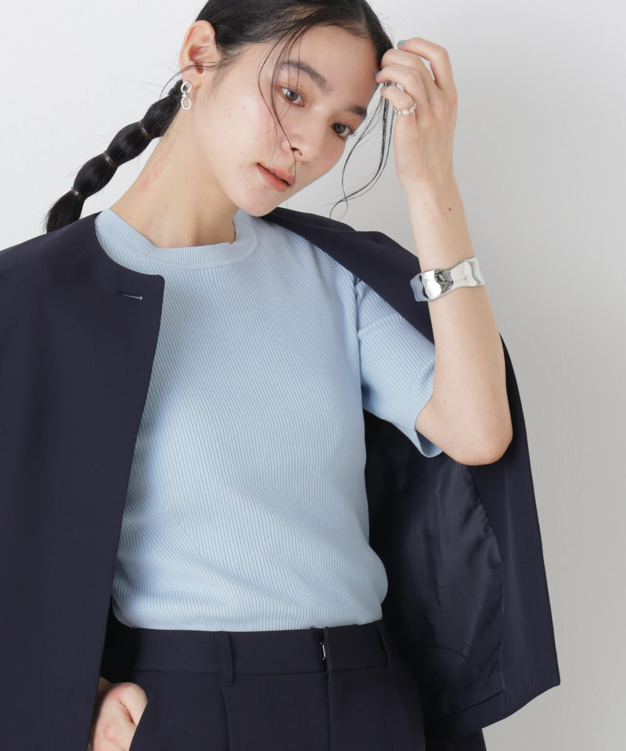 ウォッシャブルハイツイスト五分袖リブニット