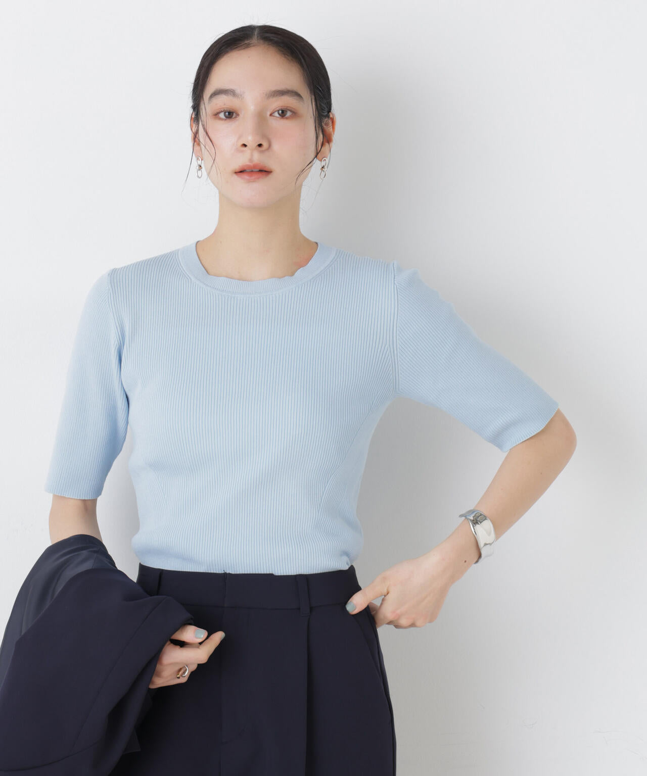 ウォッシャブルハイツイスト五分袖リブニット