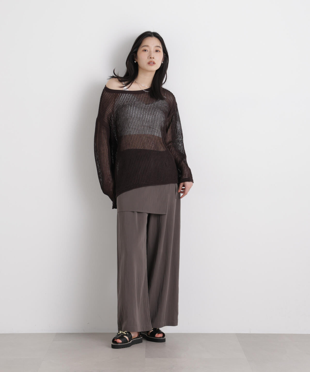 リネン混テープヤーンメッシュワイドニット