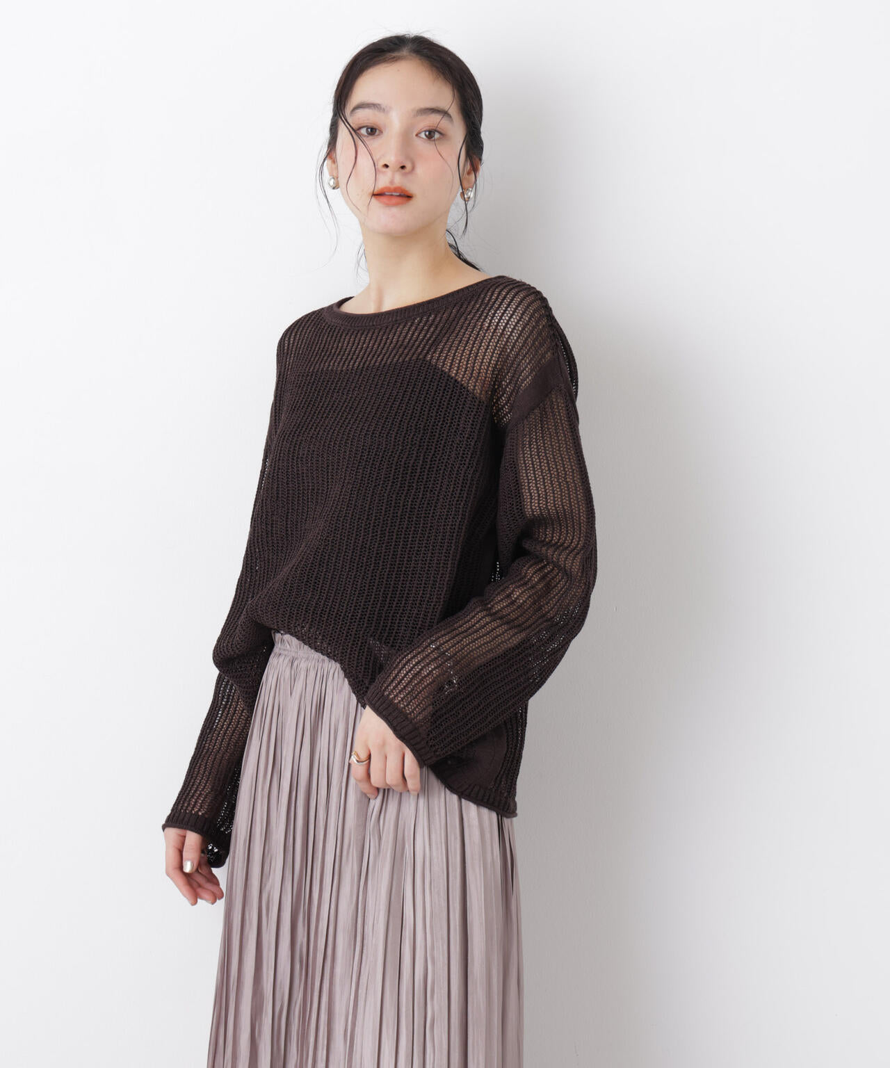 リネン混テープヤーンメッシュワイドニット