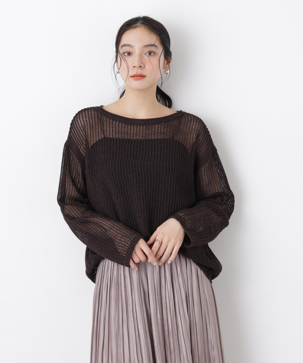 リネン混テープヤーンメッシュワイドニット