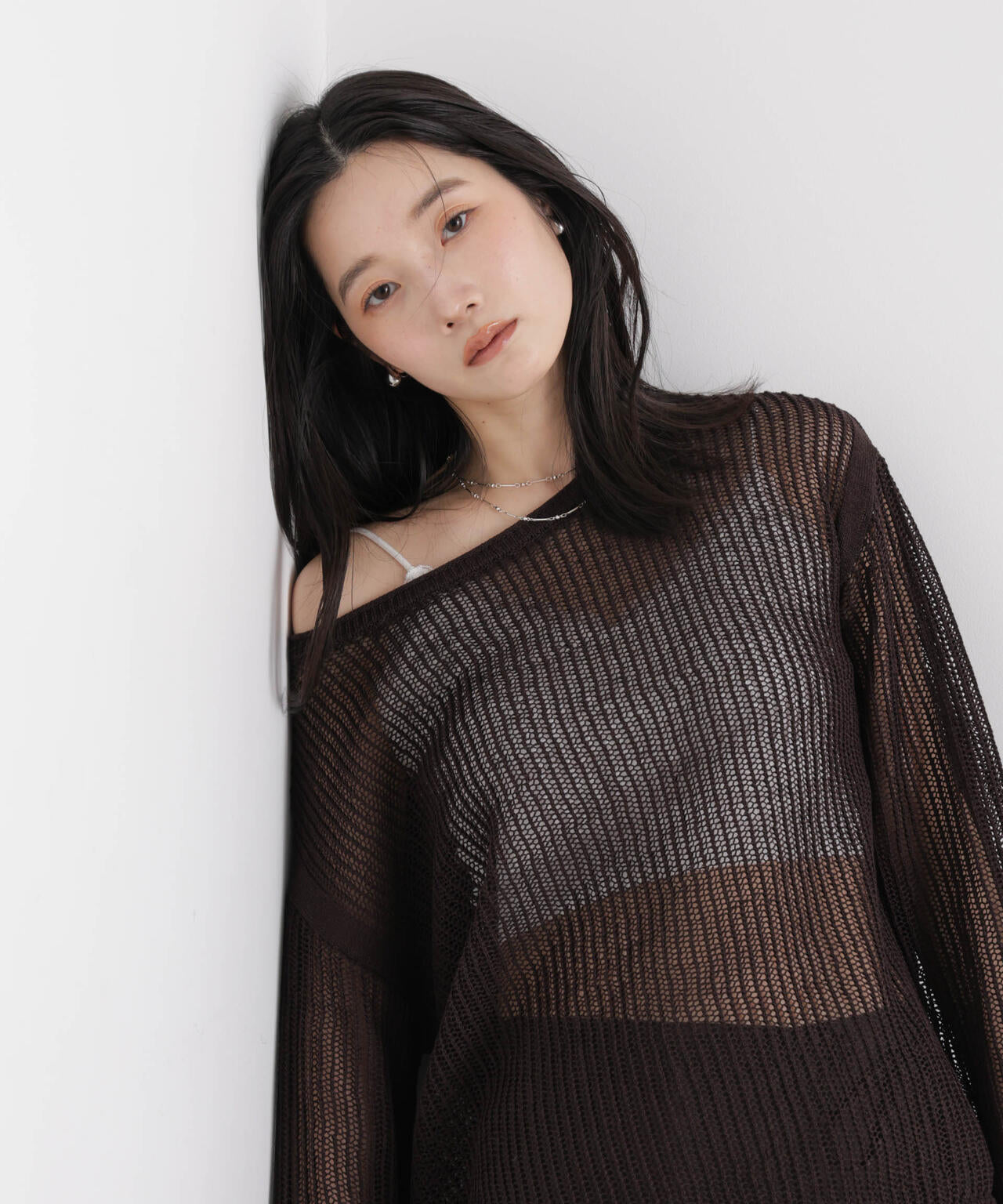 リネン混テープヤーンメッシュワイドニット