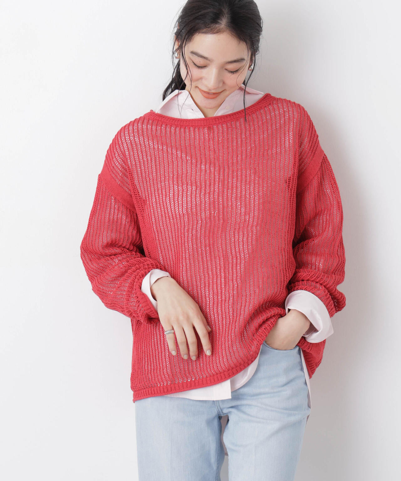 リネン混テープヤーンメッシュワイドニット