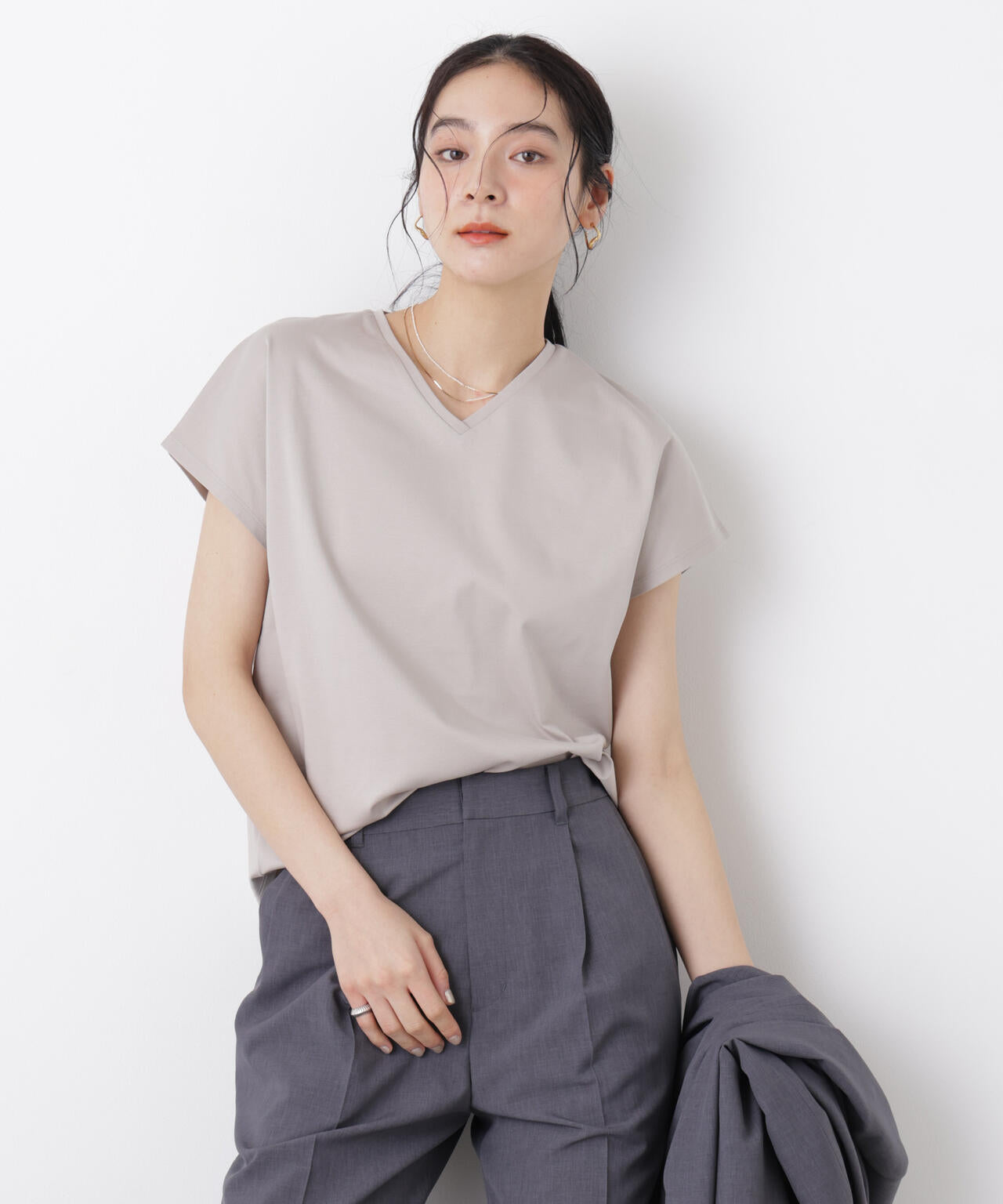 DressT/シルケットスムースVネックソフトドルマンTシャツ