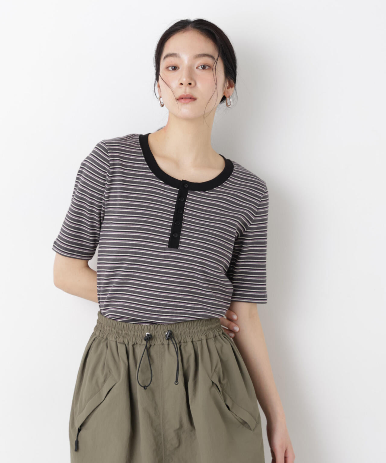 ボーダーテレコヘンリーネックTシャツ