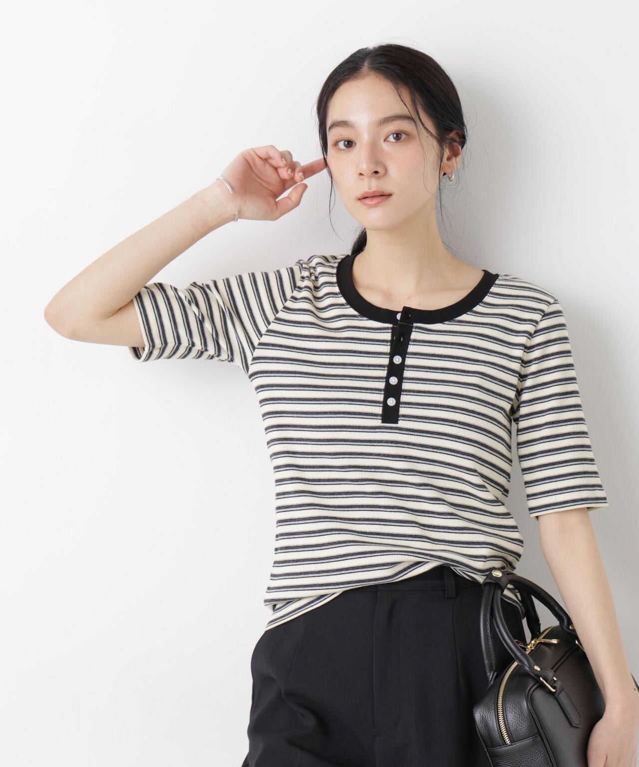 ボーダーテレコヘンリーネックTシャツ