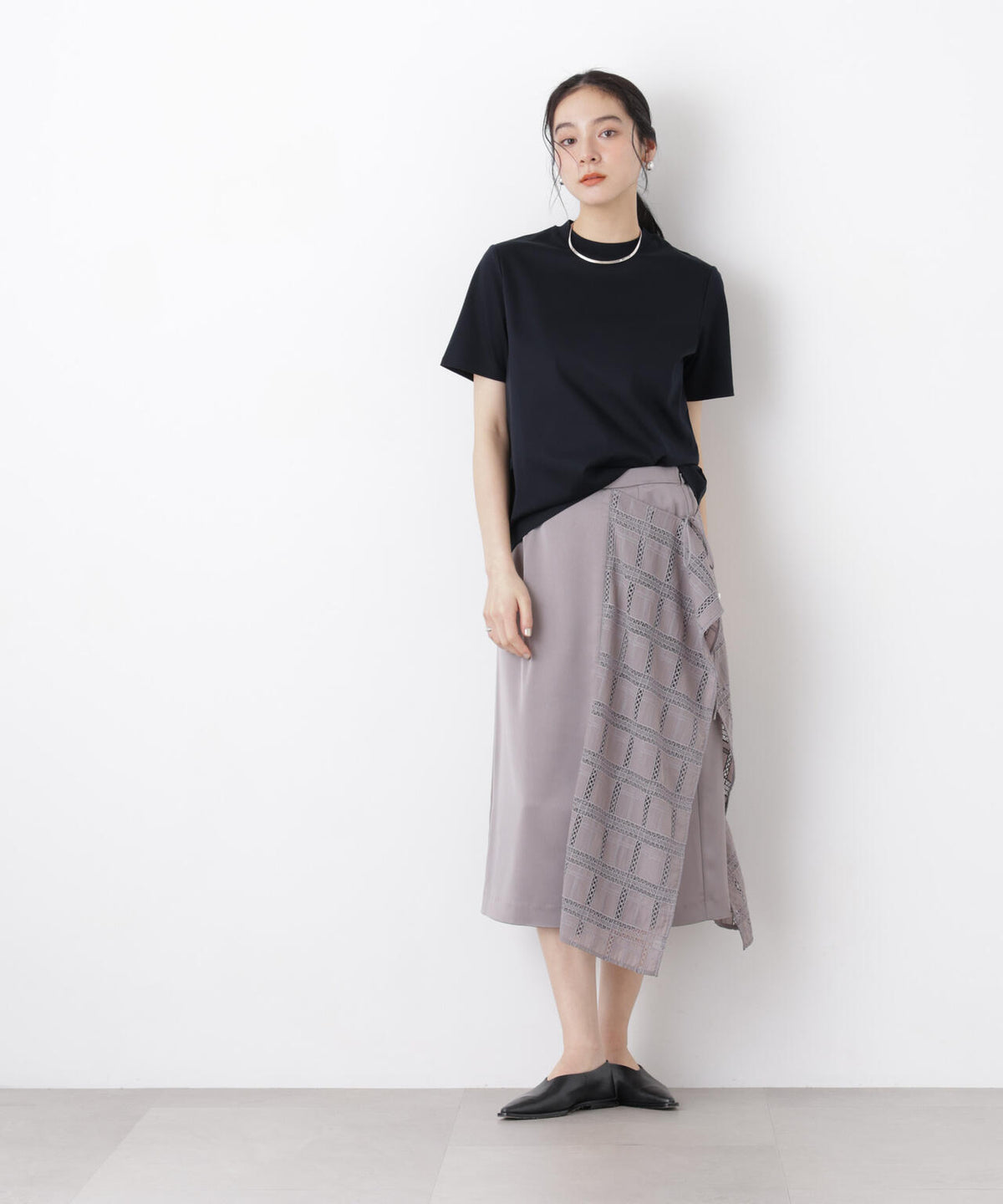 スクエアヘム刺繍レース切り替えスカート