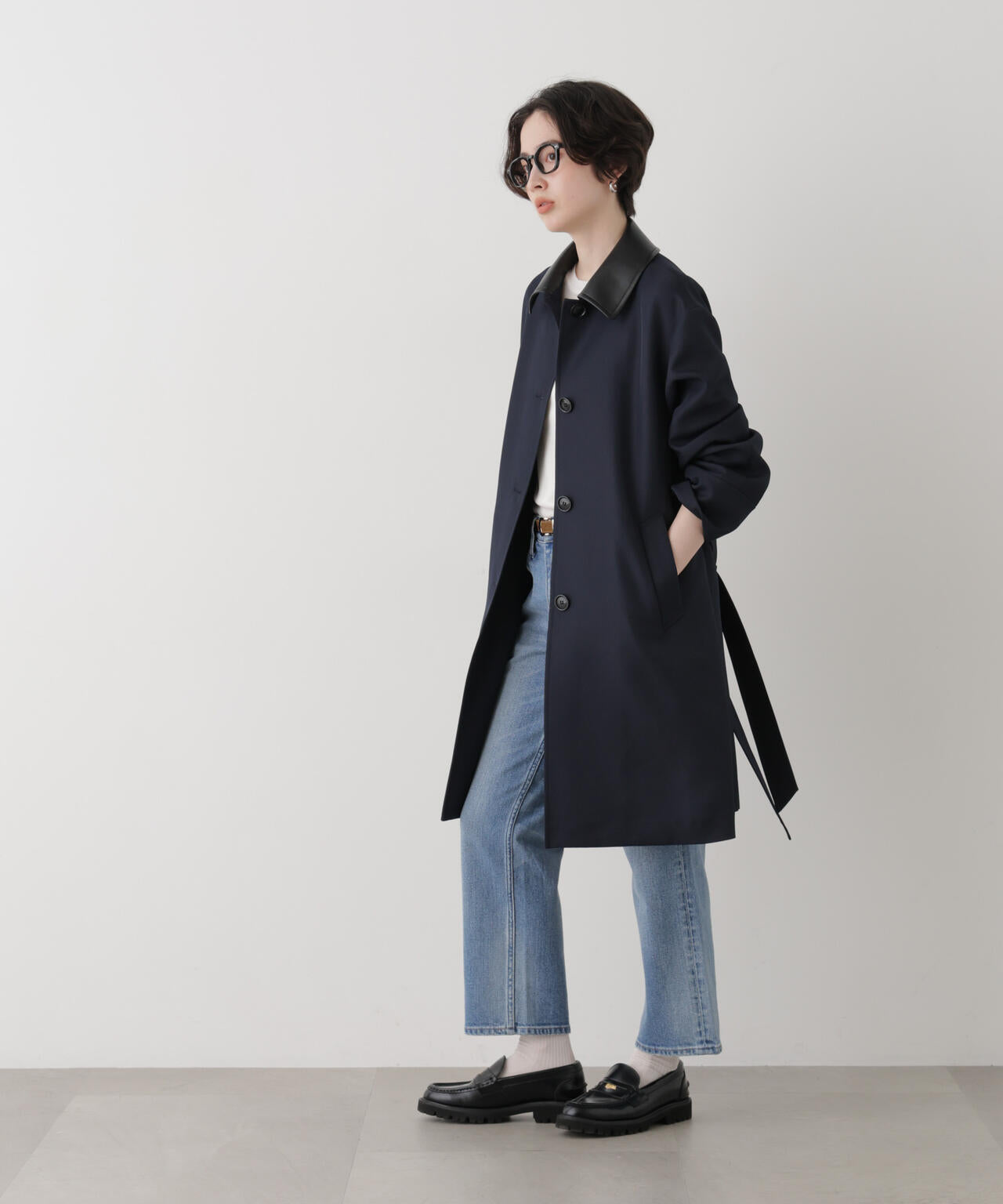 フェイクレザー衿ステンカラーコート