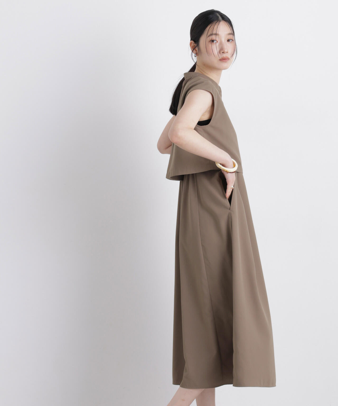 レイヤード風スタンドカラーシャツワンピース