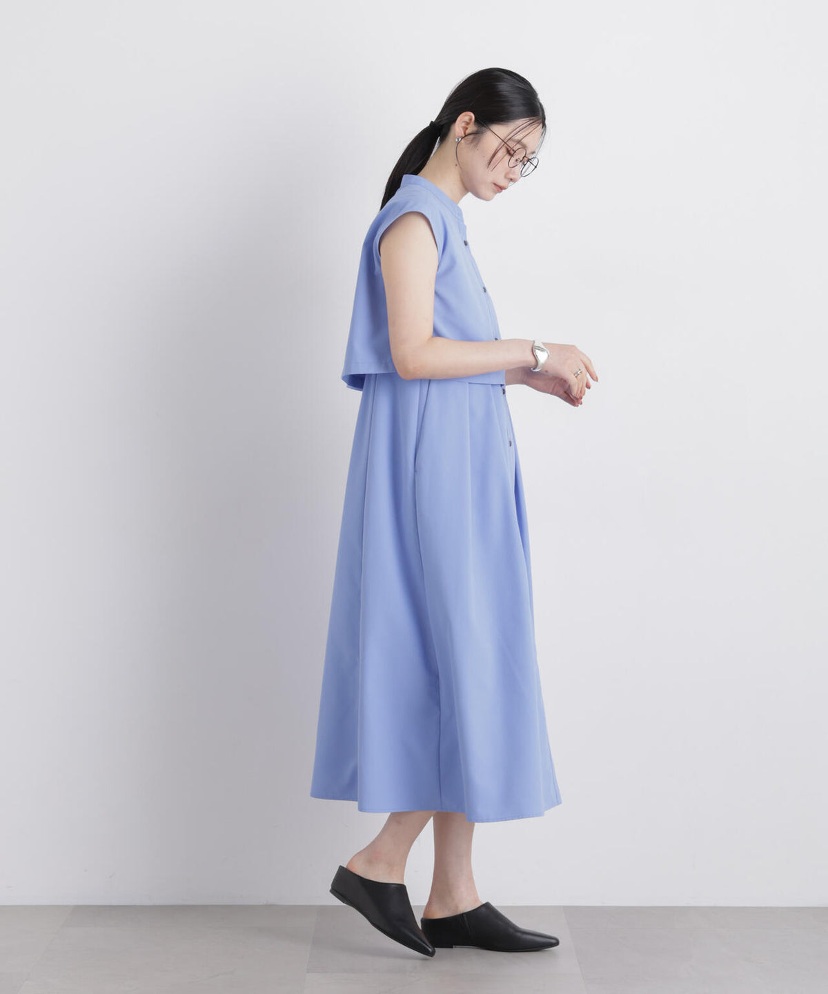 レイヤード風スタンドカラーシャツワンピース