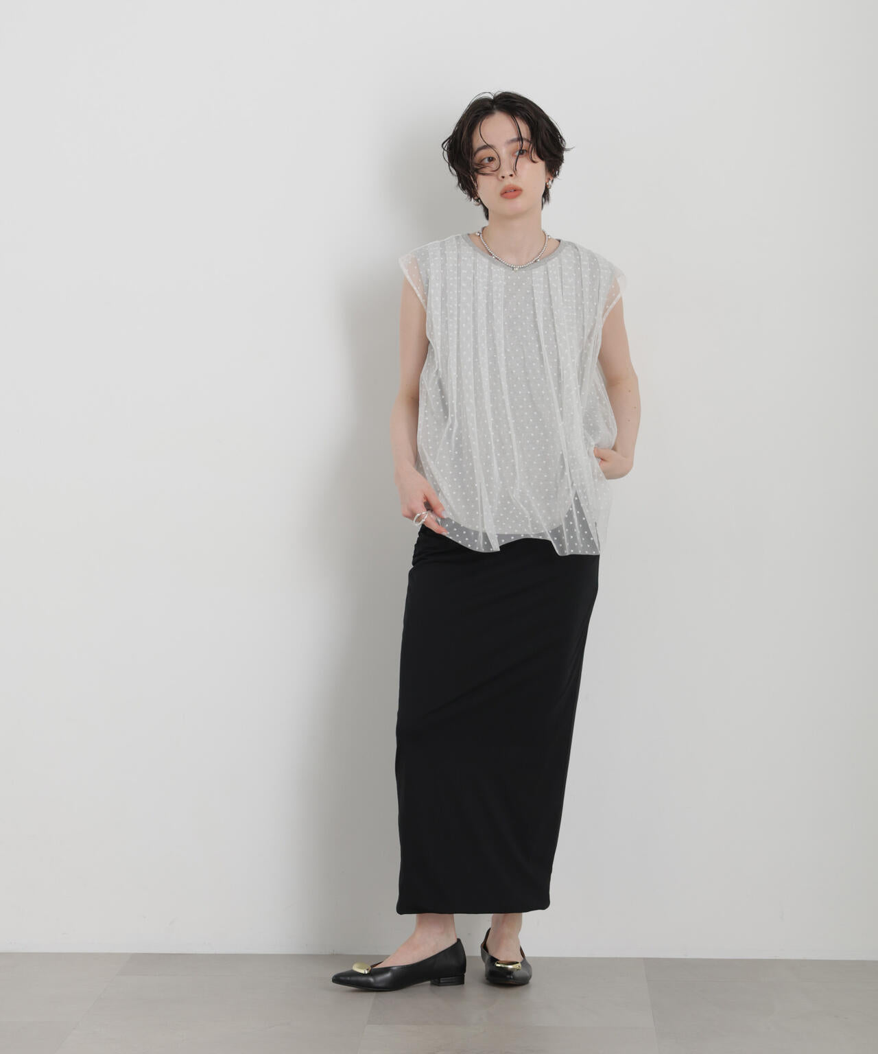 ドットチュールレイヤードトップス