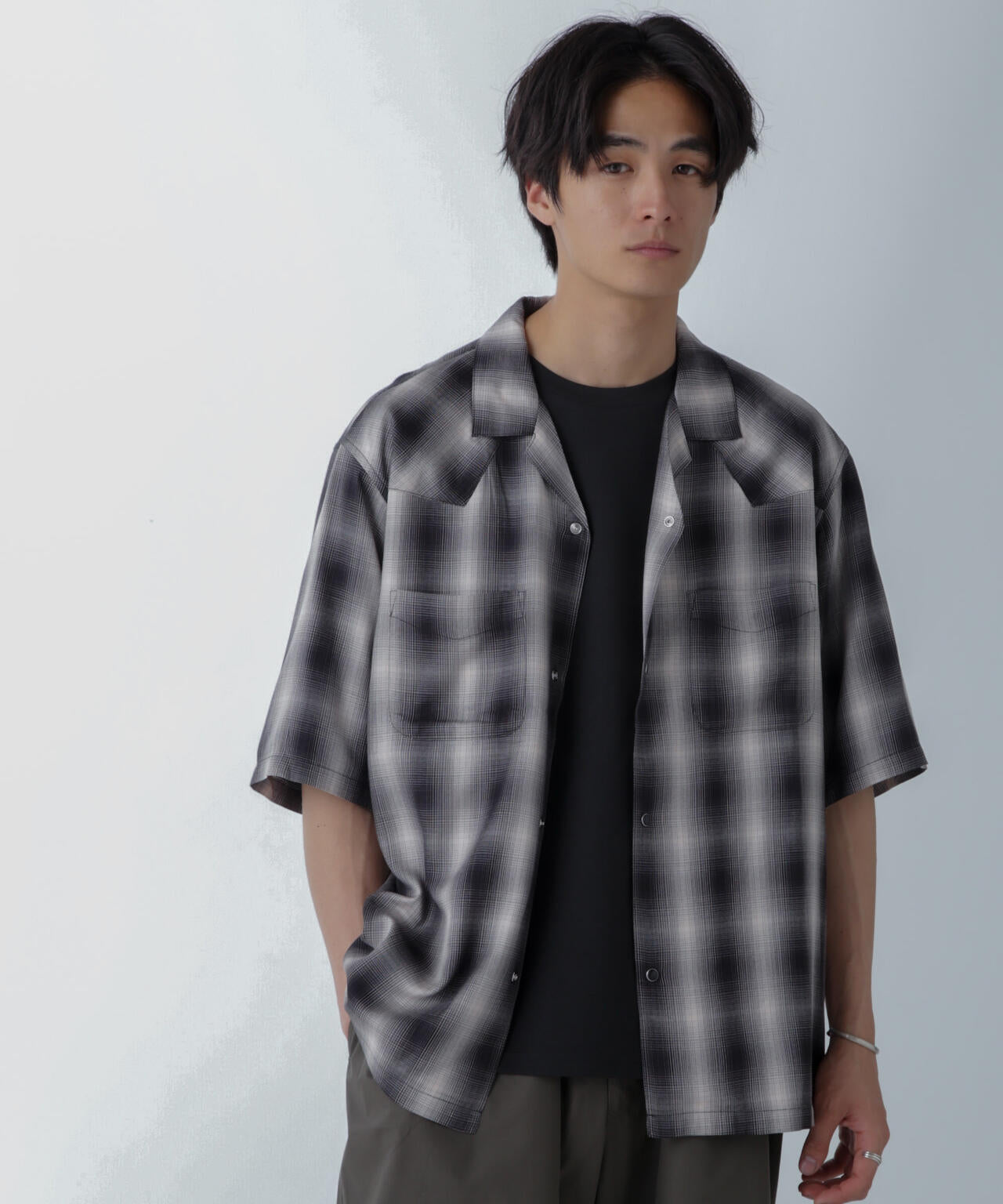 レーヨンオンブレチェックシャツ 半袖