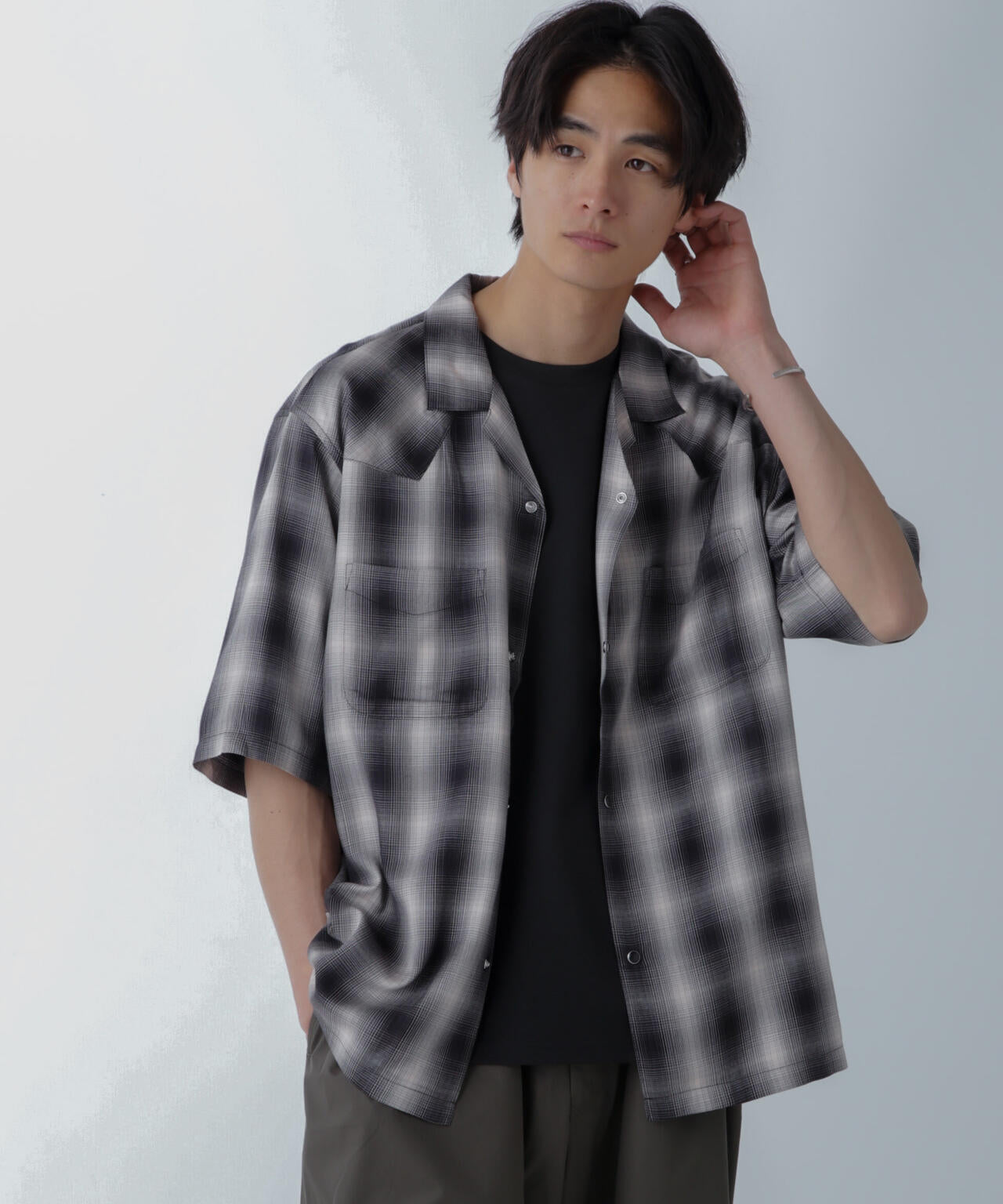 レーヨンオンブレチェックシャツ 半袖