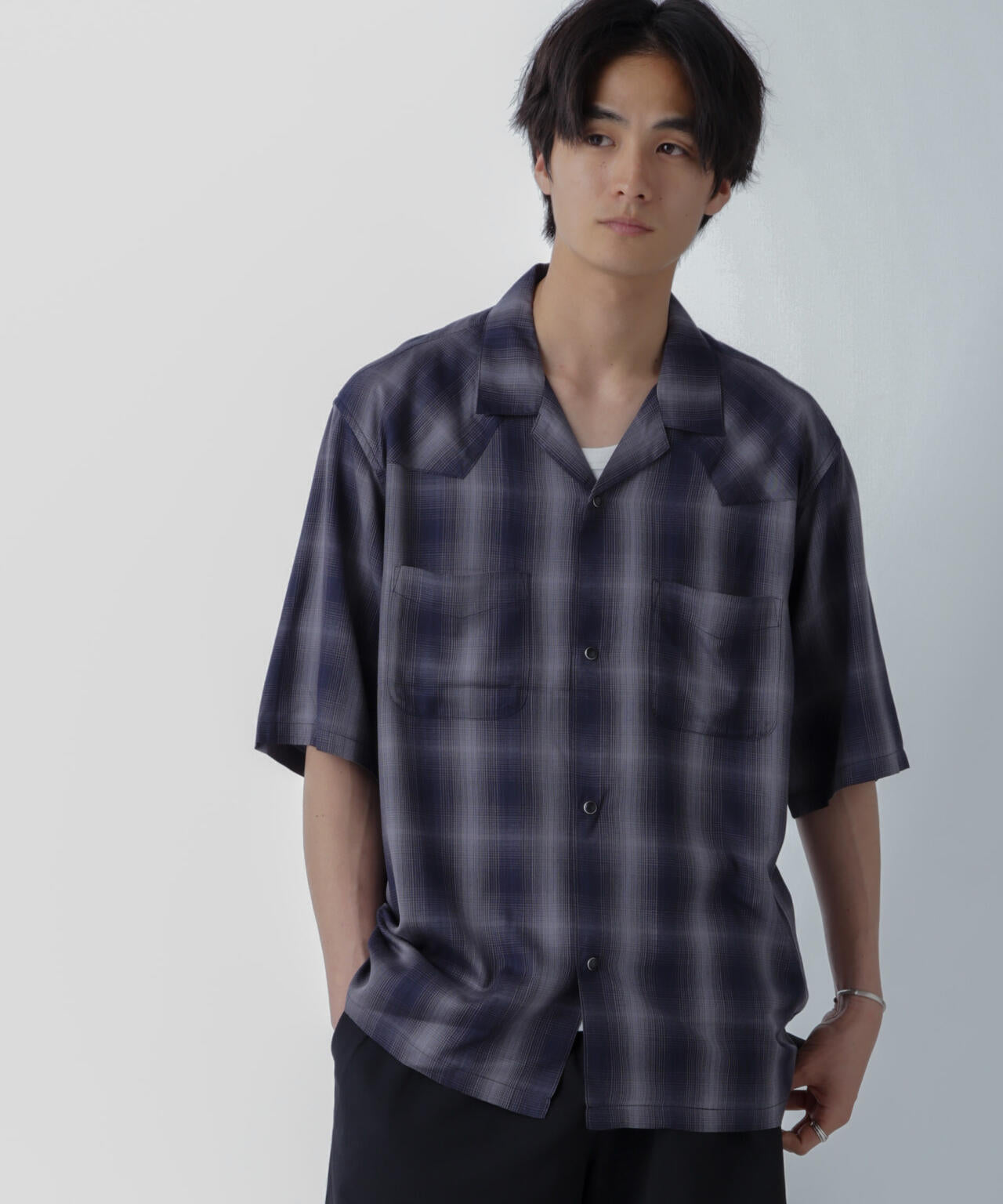 レーヨンオンブレチェックシャツ 半袖