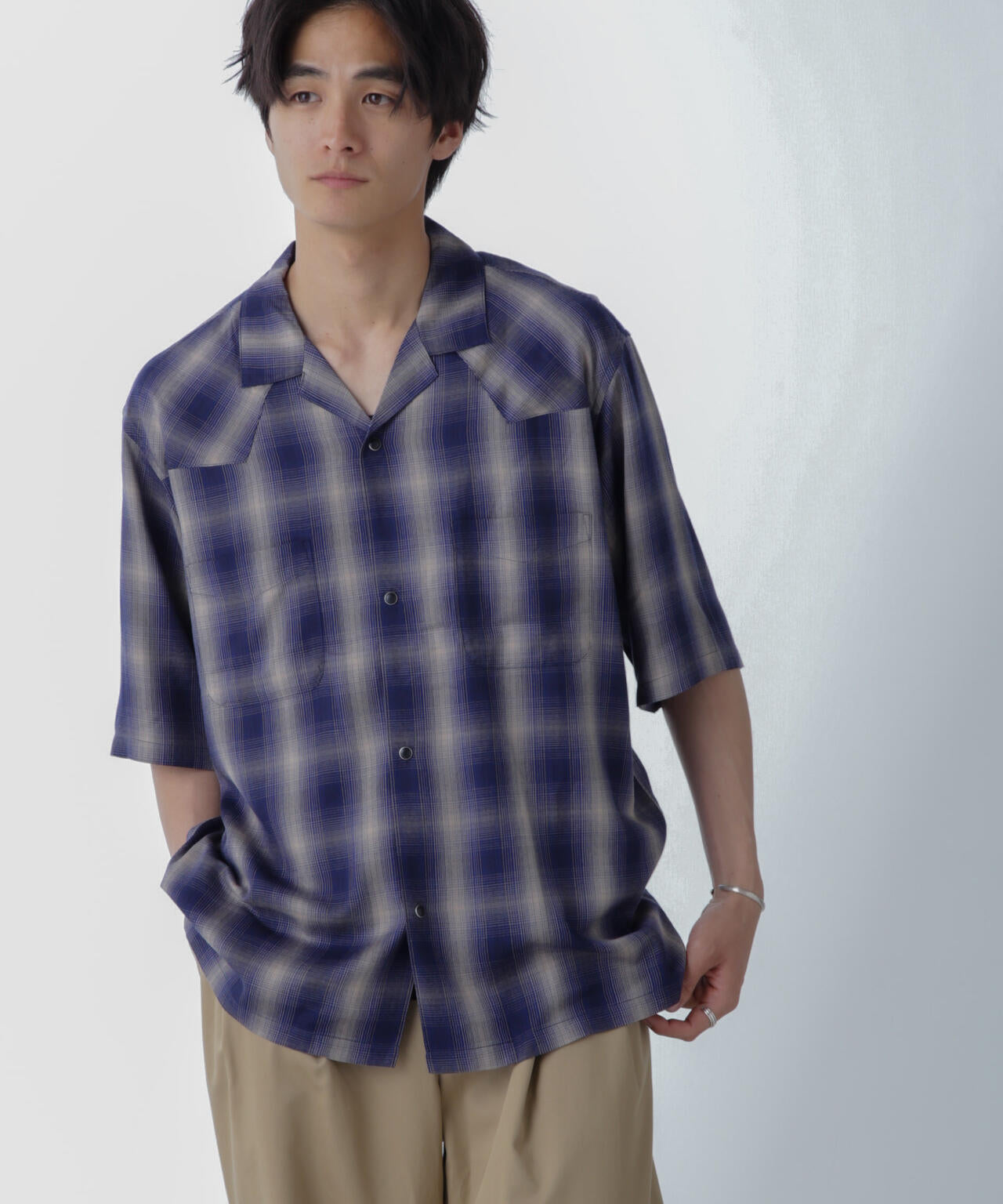 レーヨンオンブレチェックシャツ 半袖