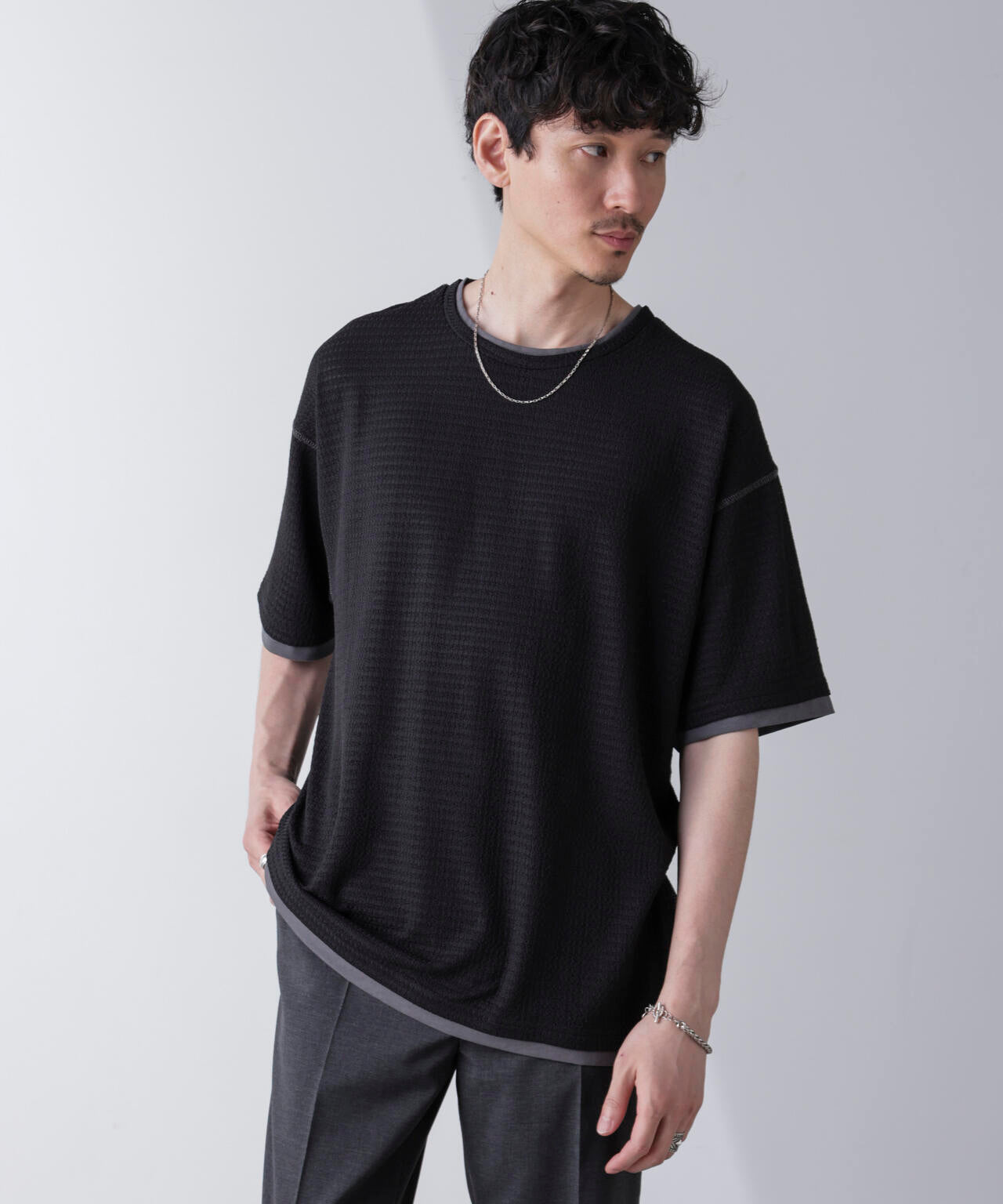 カラーステッチジャガードTシャツ 半袖