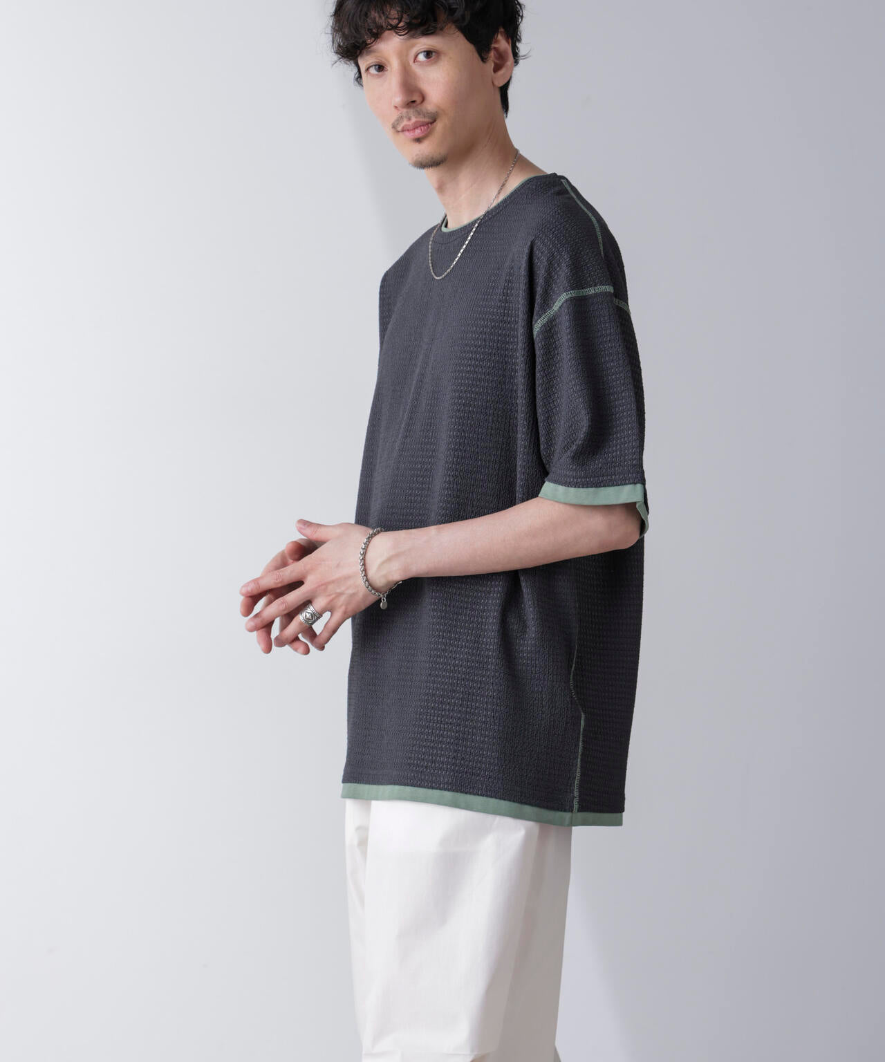 カラーステッチジャガードTシャツ 半袖