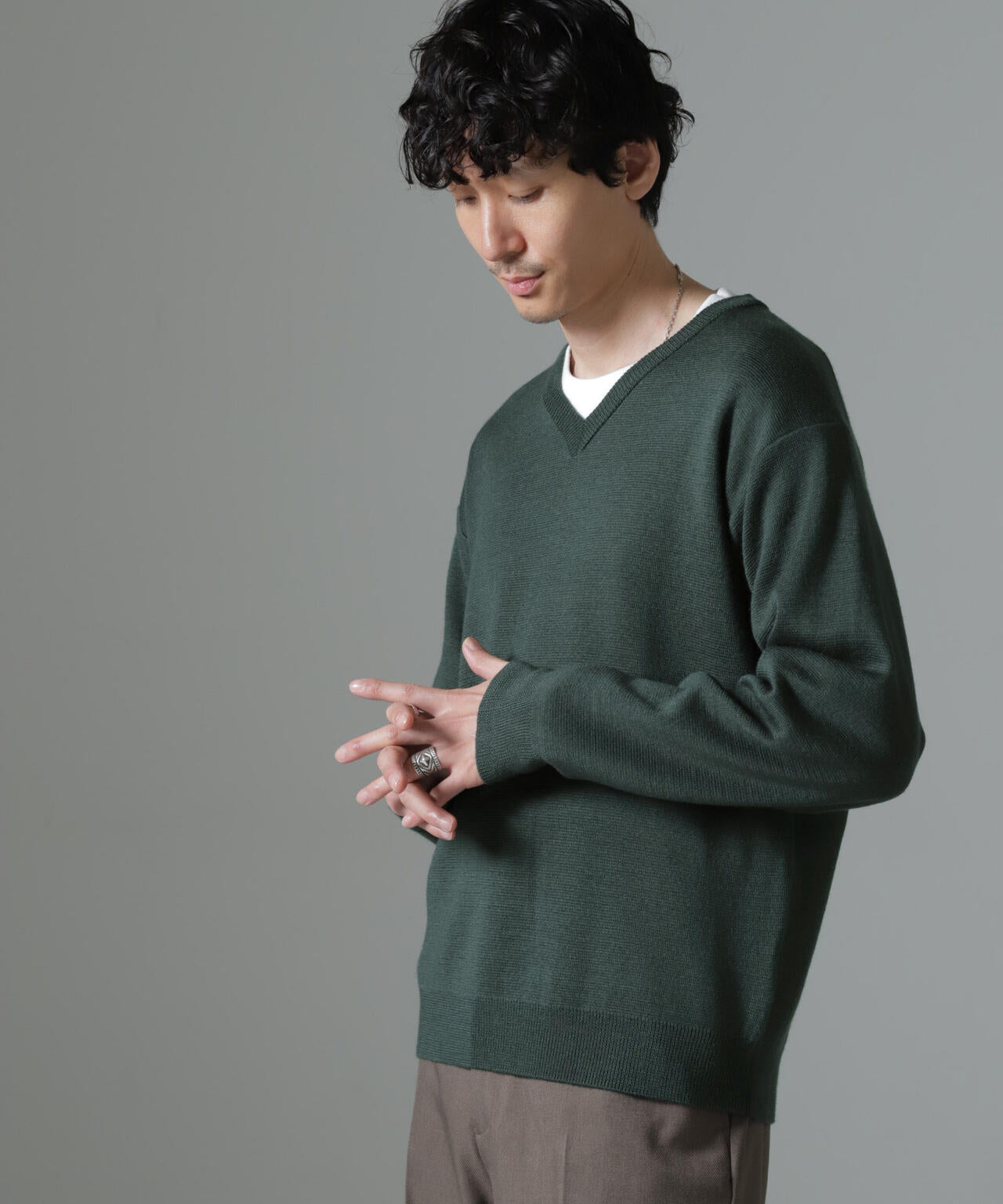 タスマニアミックス ミラノリブリラックスVネックニット