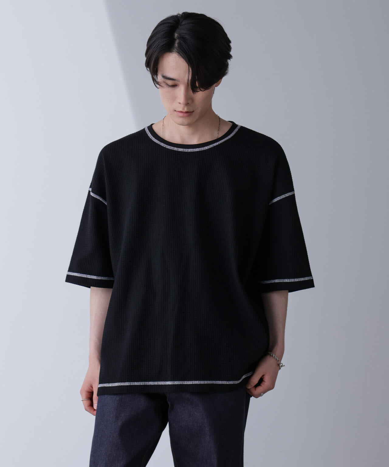 配色ステッチビックワッフルTシャツ 半袖