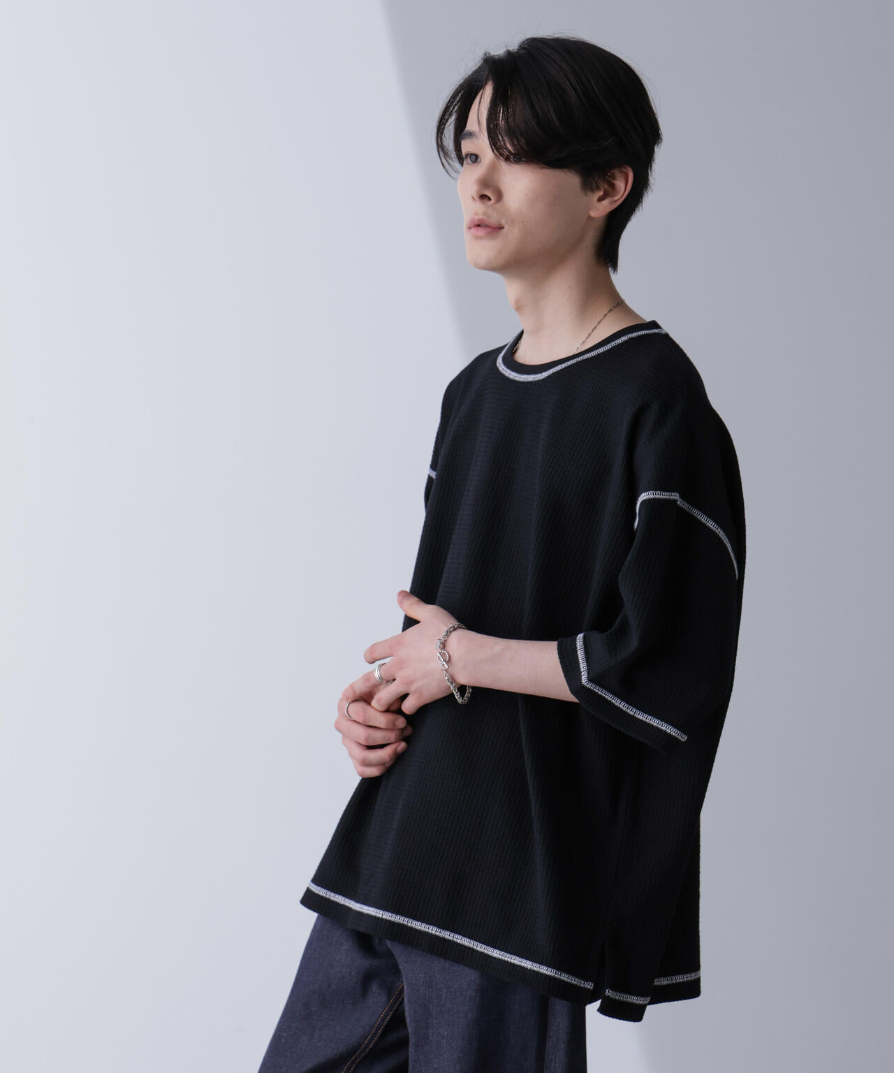 配色ステッチビックワッフルTシャツ 半袖