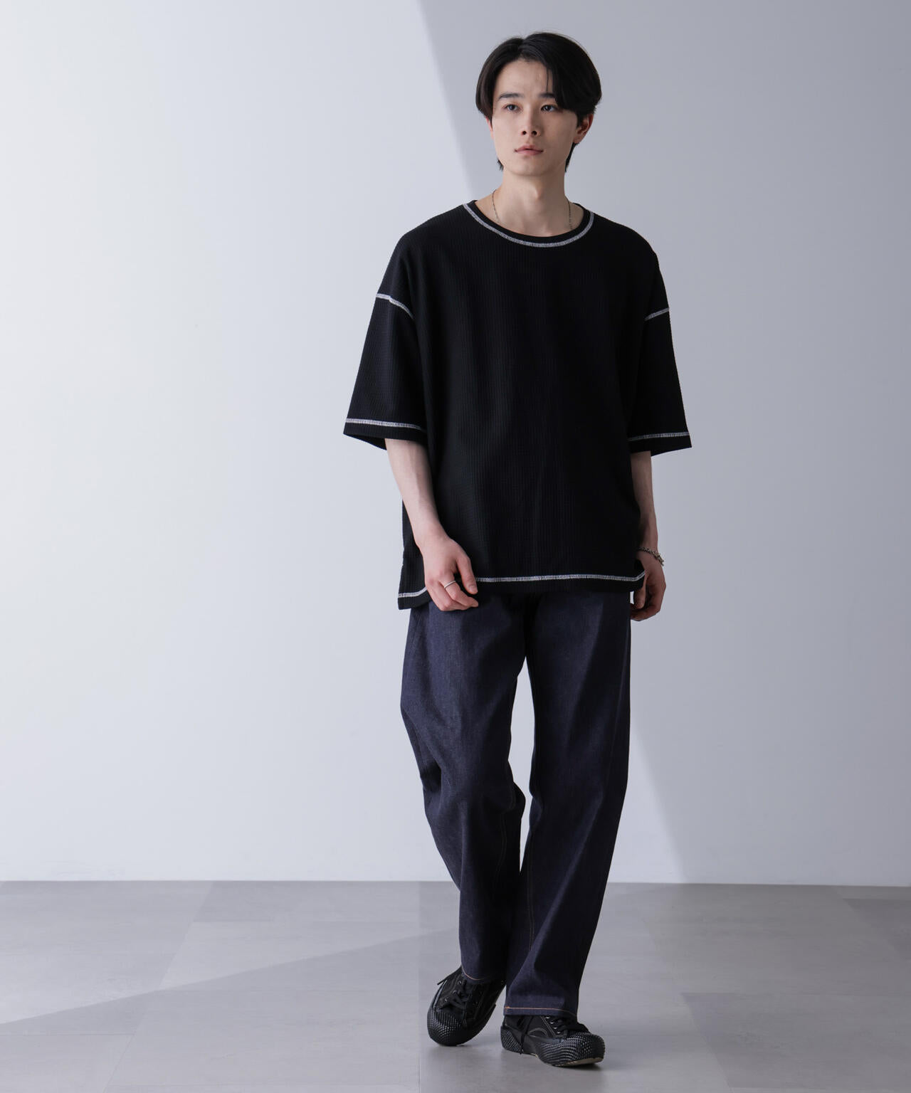 配色ステッチビックワッフルTシャツ 半袖