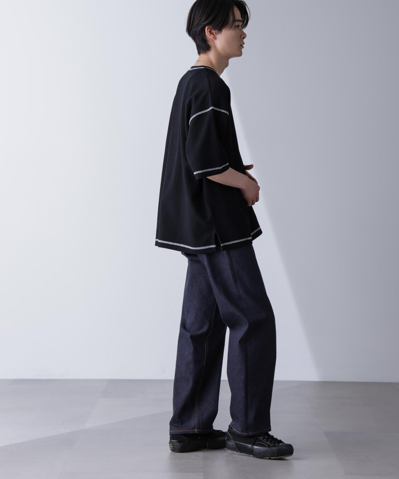 配色ステッチビックワッフルTシャツ 半袖