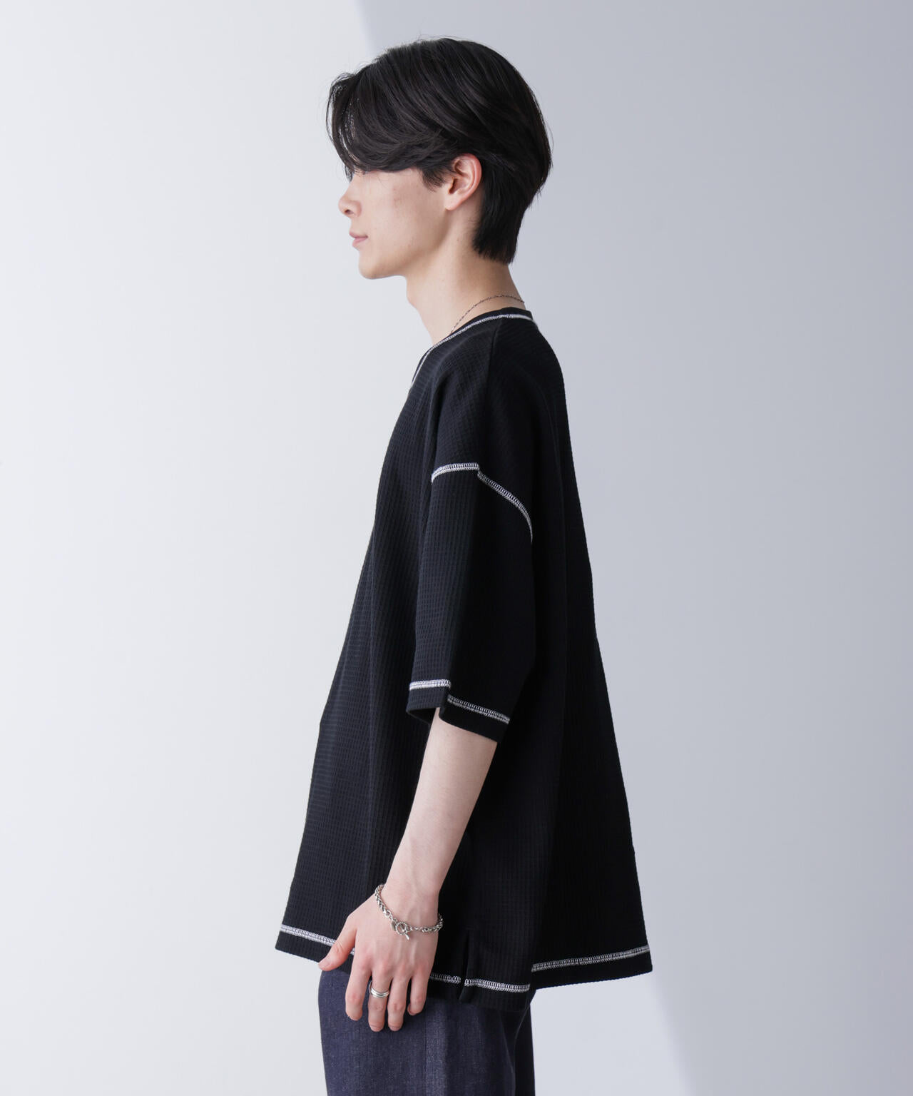 配色ステッチビックワッフルTシャツ 半袖