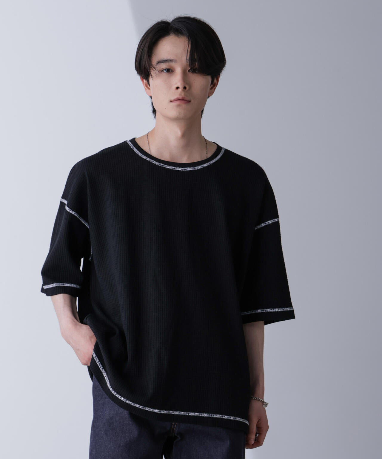 配色ステッチビックワッフルTシャツ 半袖