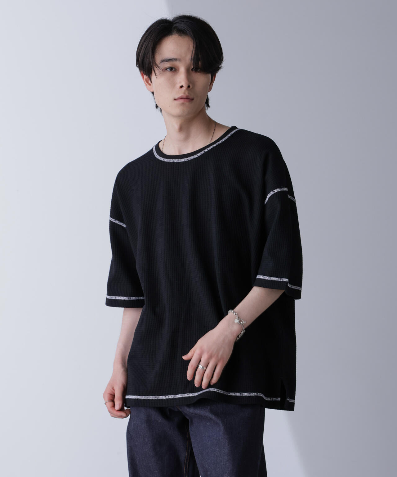 配色ステッチビックワッフルTシャツ 半袖