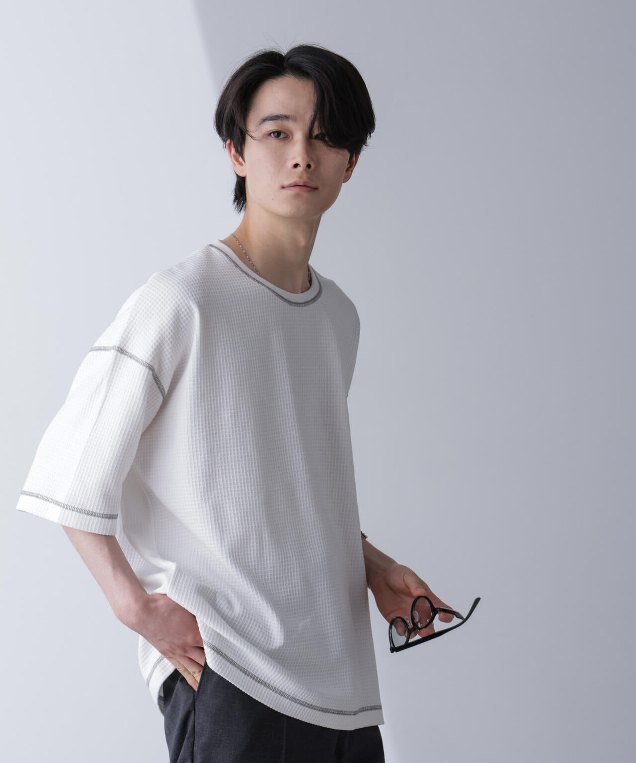 配色ステッチビックワッフルTシャツ 半袖