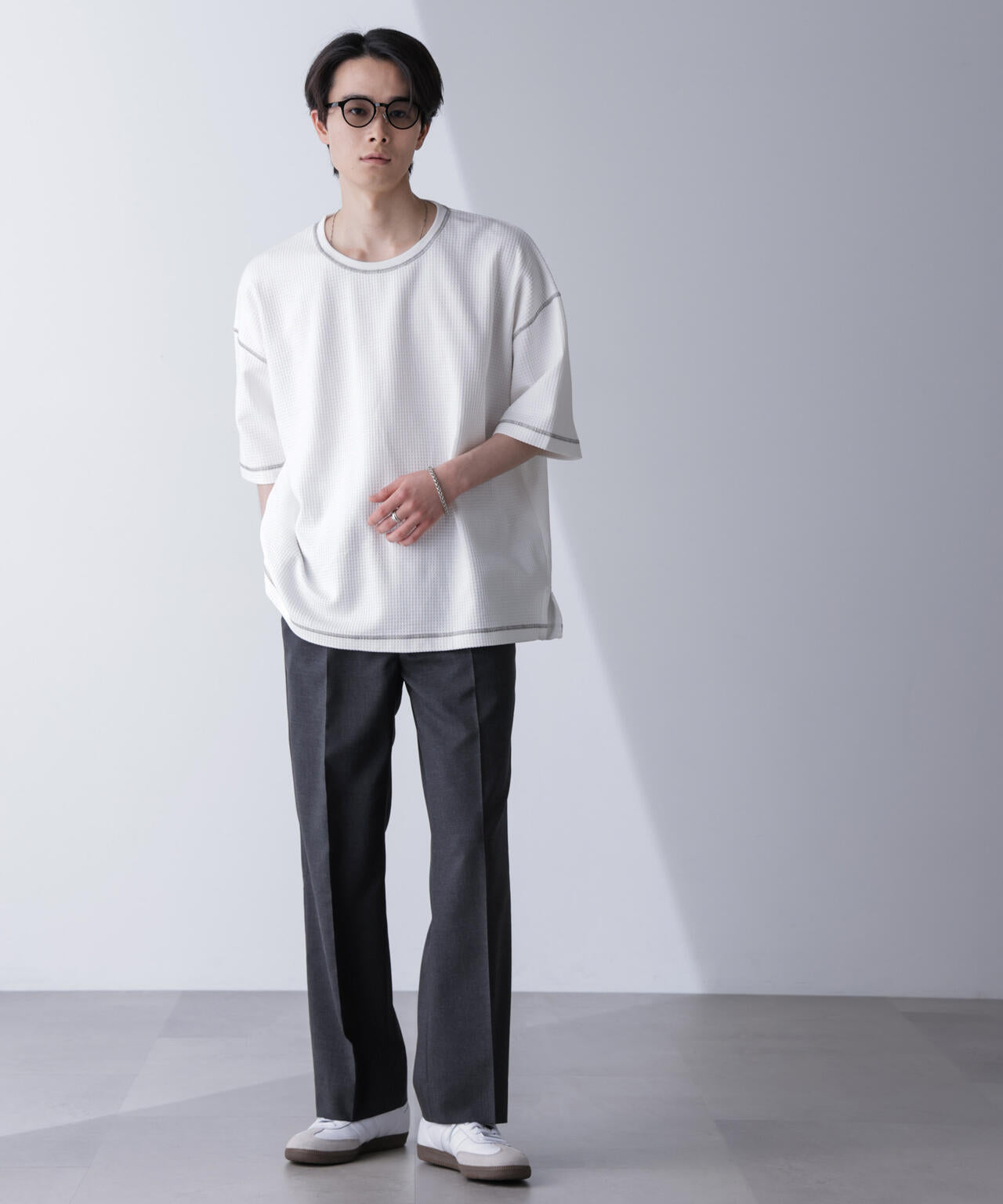 配色ステッチビックワッフルTシャツ 半袖