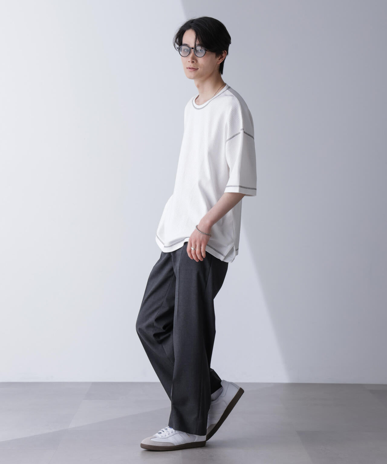 配色ステッチビックワッフルTシャツ 半袖