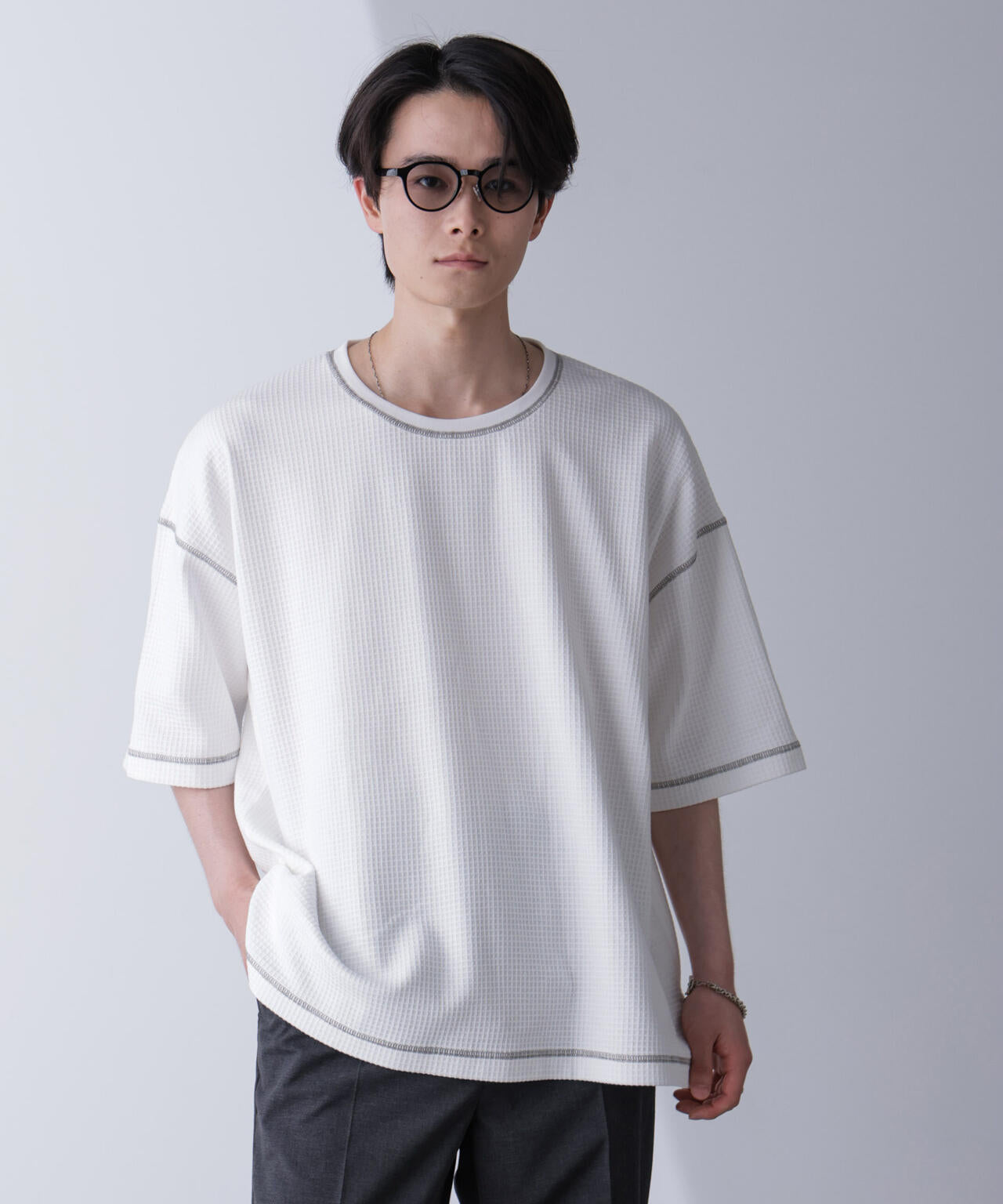配色ステッチビックワッフルTシャツ 半袖