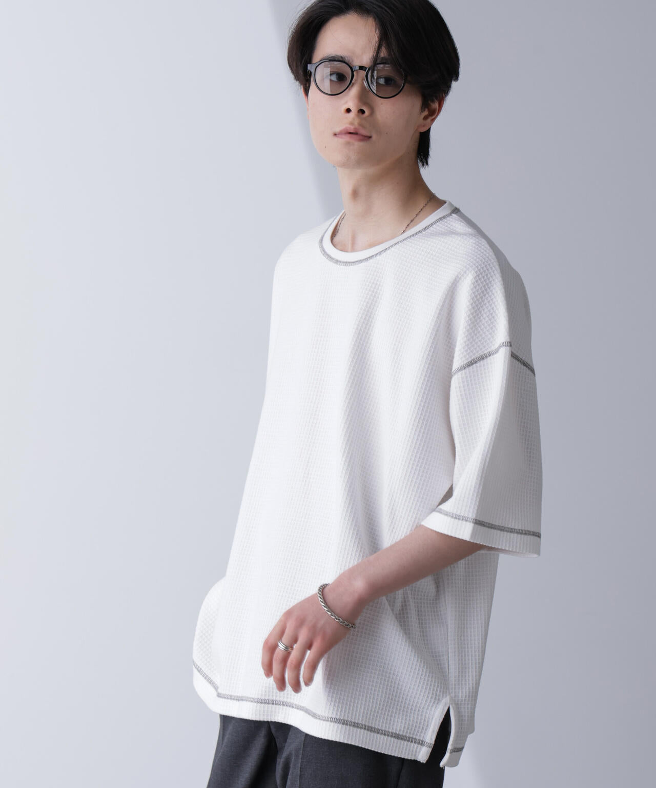 配色ステッチビックワッフルTシャツ 半袖