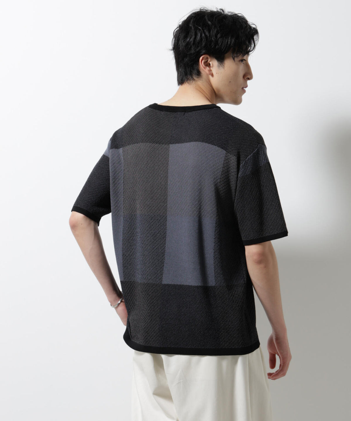 ブロックチェックニットTシャツ 半袖