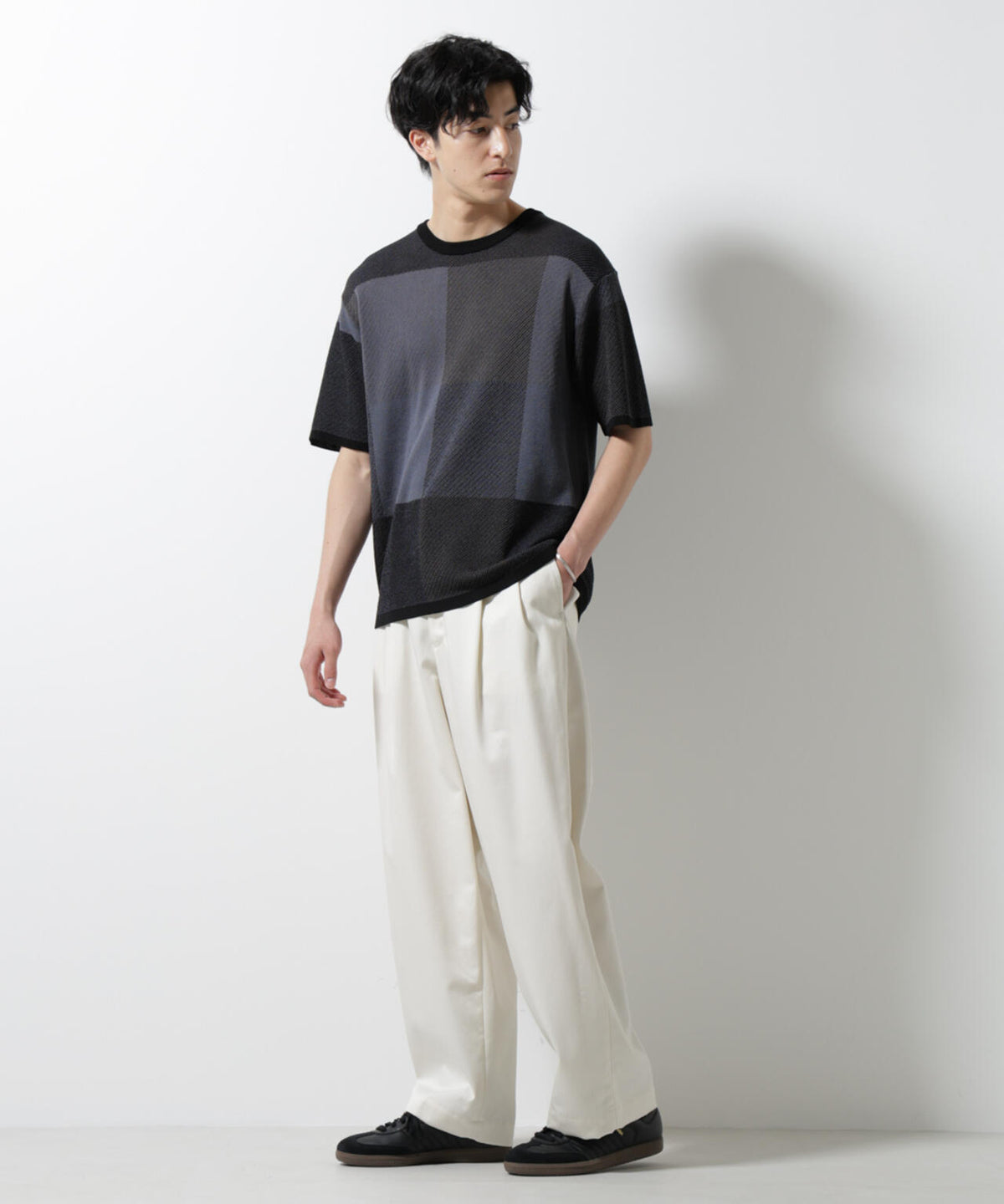 ブロックチェックニットTシャツ 半袖