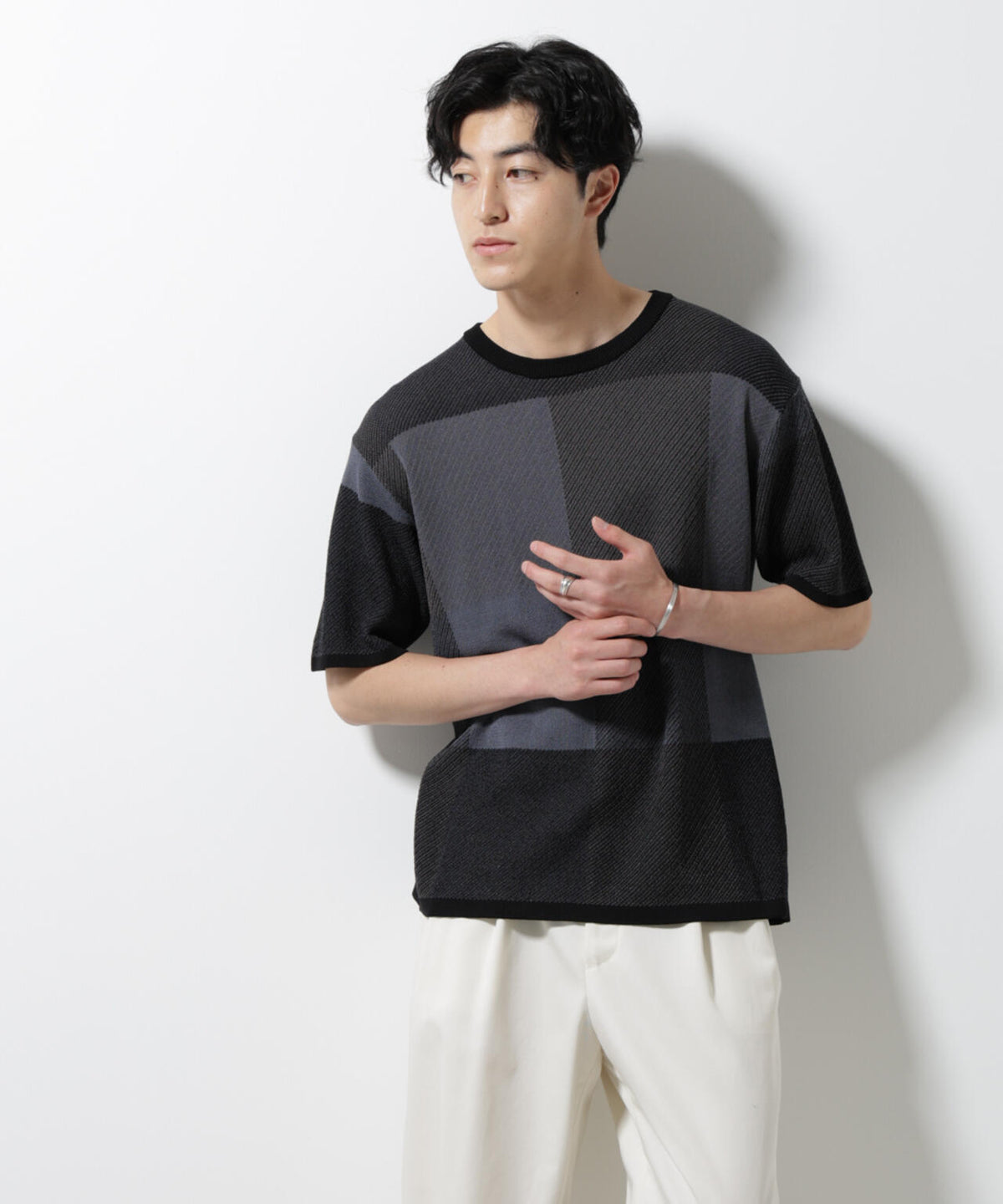 ブロックチェックニットTシャツ 半袖