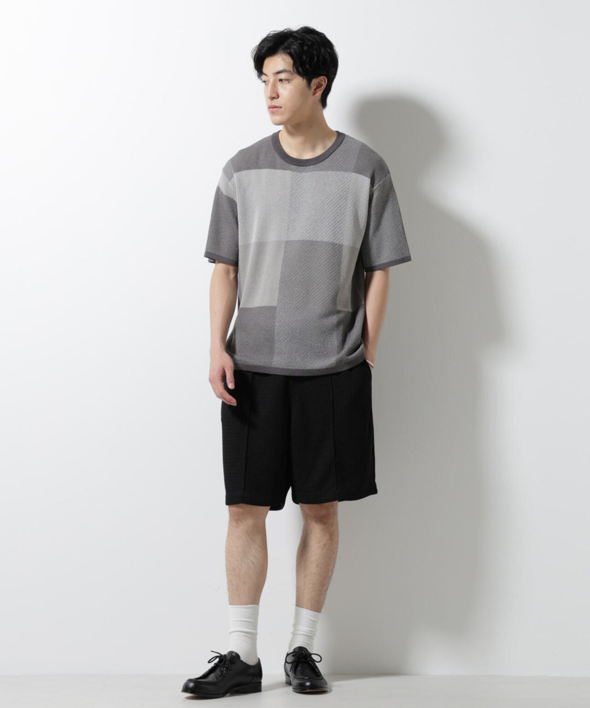 ブロックチェックニットTシャツ 半袖