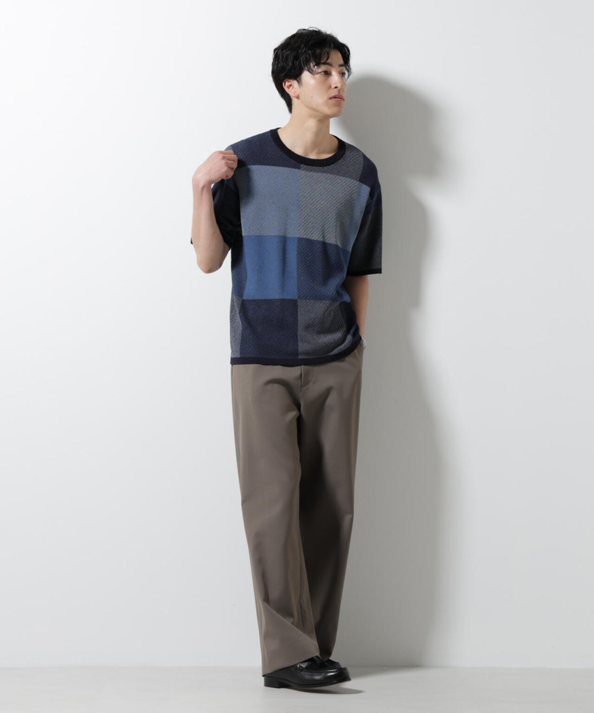ブロックチェックニットTシャツ 半袖