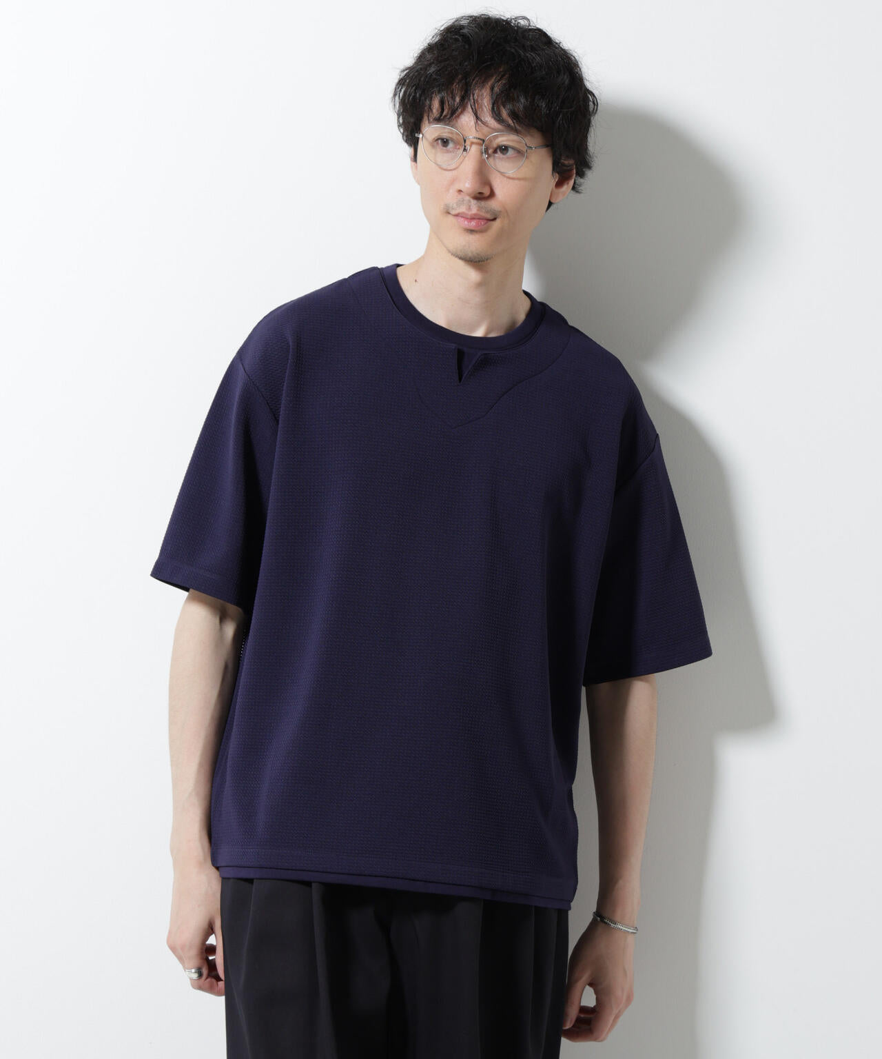 フェイクレイヤードキーネックTシャツ 半袖