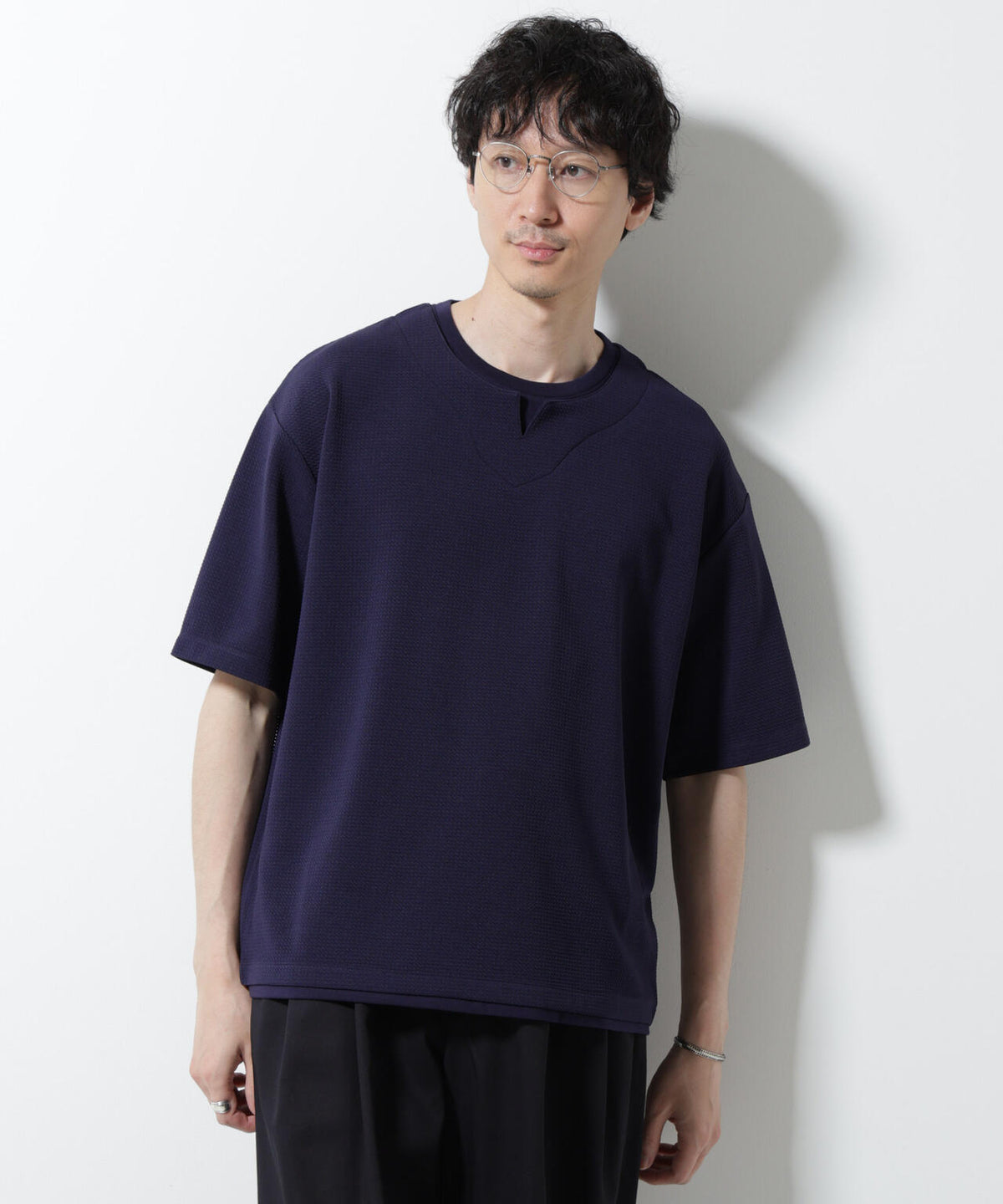 フェイクレイヤードキーネックTシャツ 半袖