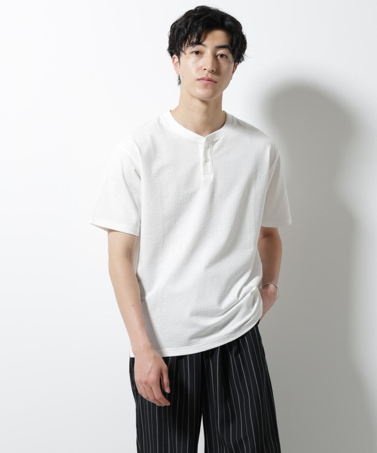 ジャージーサッカーヘンリーネックTシャツ 半袖