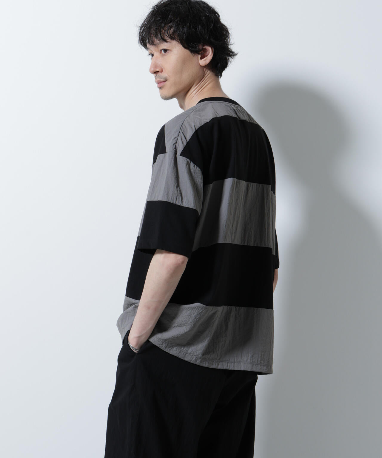 リラックス異素材ボーダーTシャツ 半袖